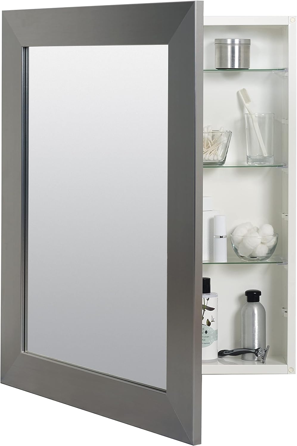 Zenna Home Surface or Recess Mount Framed Mirror Medicine Cabinet, 24.5 W x 30.5 H, Brushed Nickel