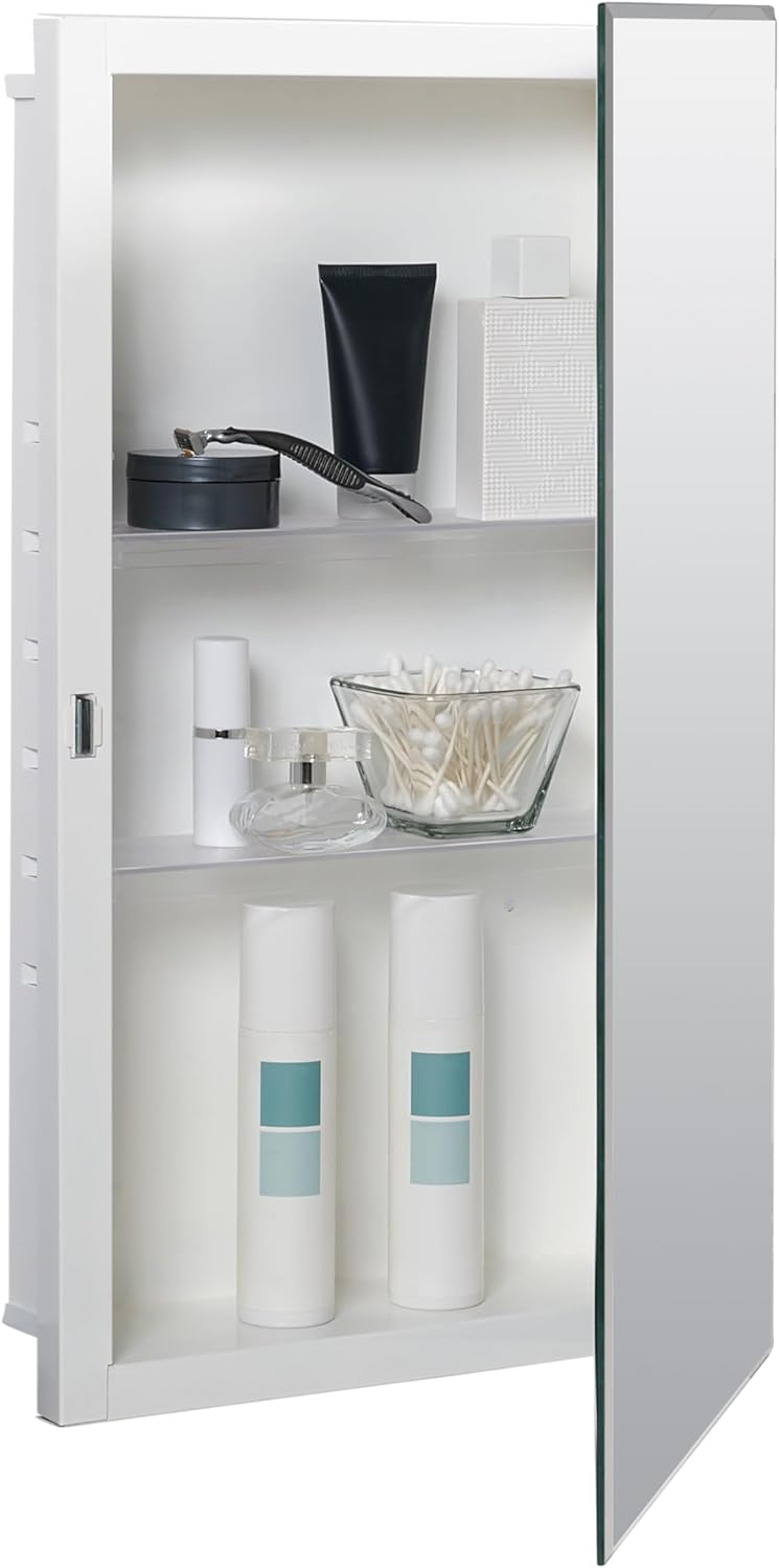 Zenna Home Frameless Mirror Medicine Cabinet, 16 W x 26 H, Made for Recessed or Surface Mount, Powder Coated Steel Body, with Beveled Edge Mirrored Door and 2 Storage Shelves,White