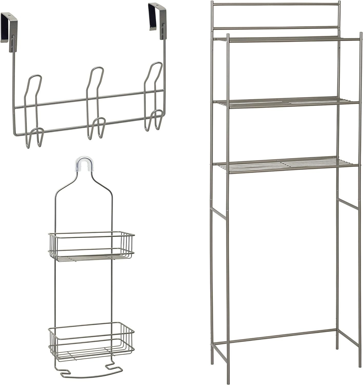 Zenna Home BB78NN 3-Piece Bath-in-a-Box Bath Storage Suite: Spacesaver, Shower Caddy and Over-the-Door Hooks, in Satin Nickel