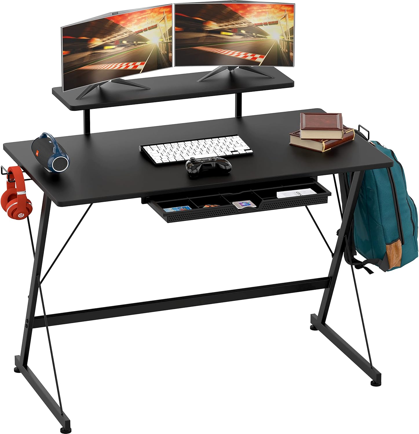 SHW 40 Inches Vista Desk with Monitor Riser, Drawer and Hooks