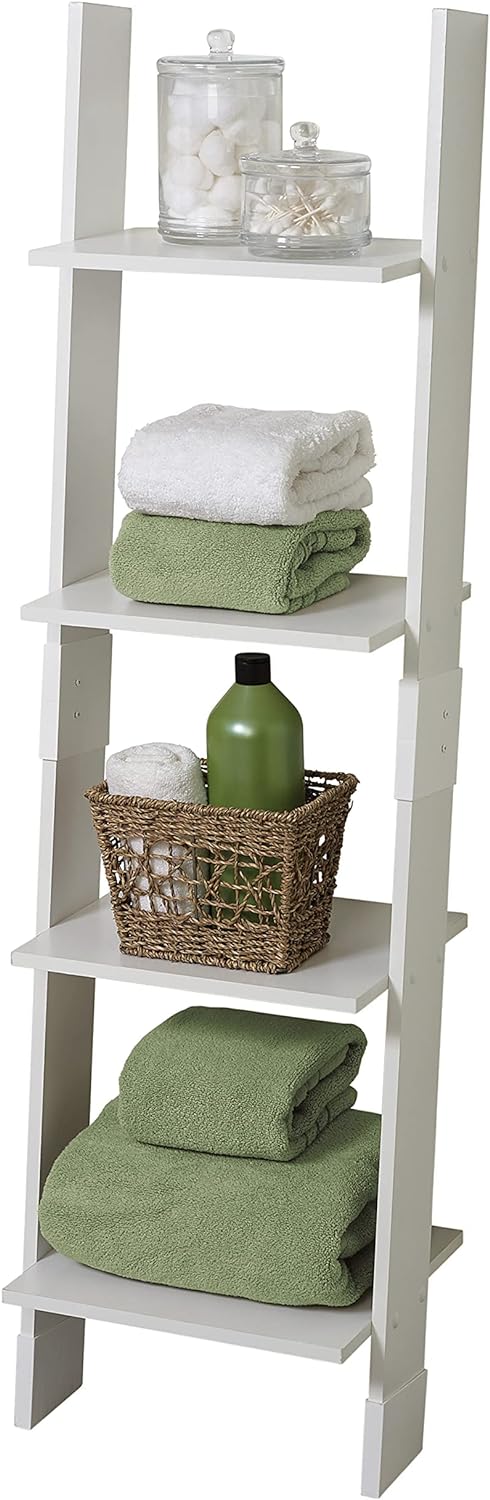 Zenna Home Ladder Style Bathroom Linen Tower, White, 4-Tier