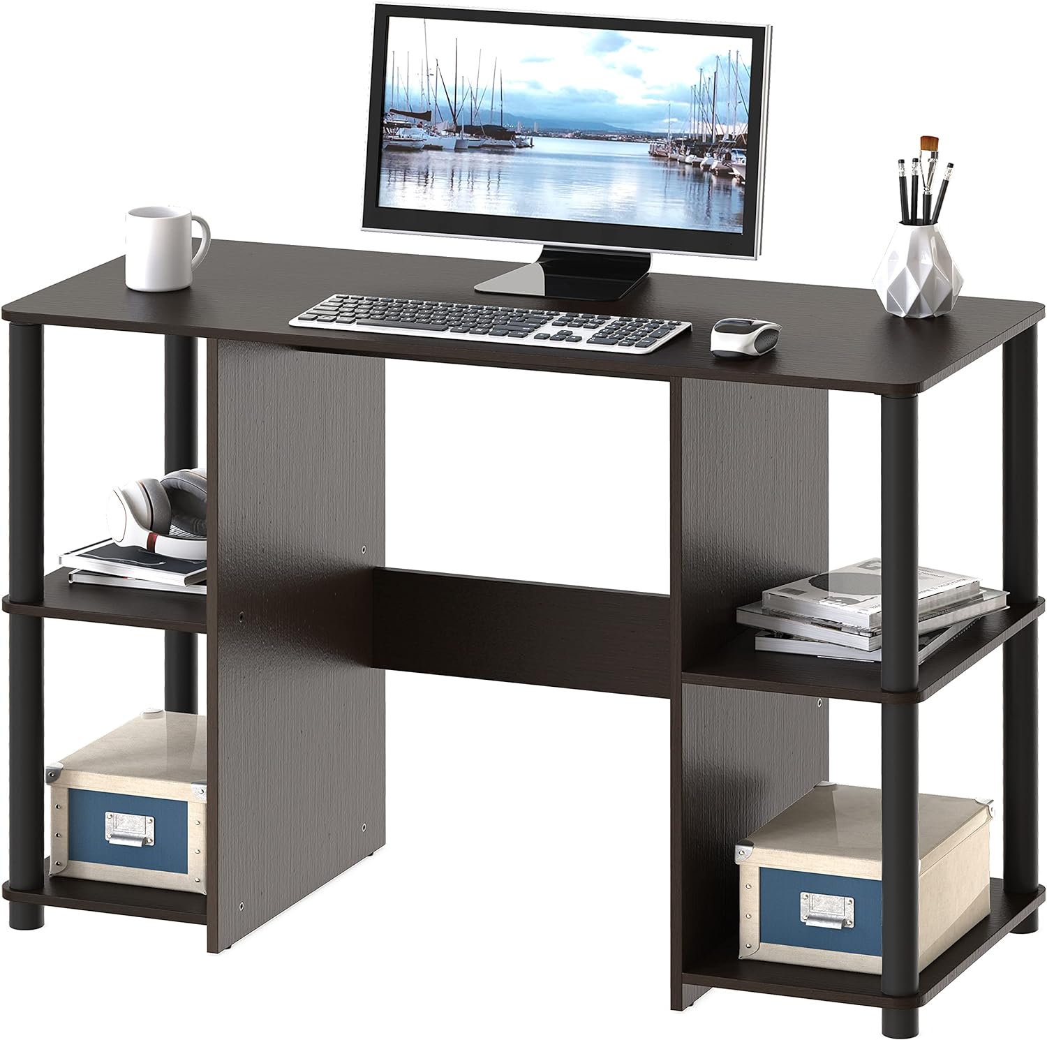 SHW Home Office Wood Desk with Double Sided Shelves, Espresso