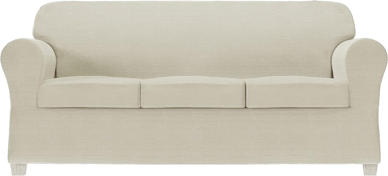 Zenna Home 4-Piece Chenille Stretch Sofa Slipcover, Ivory