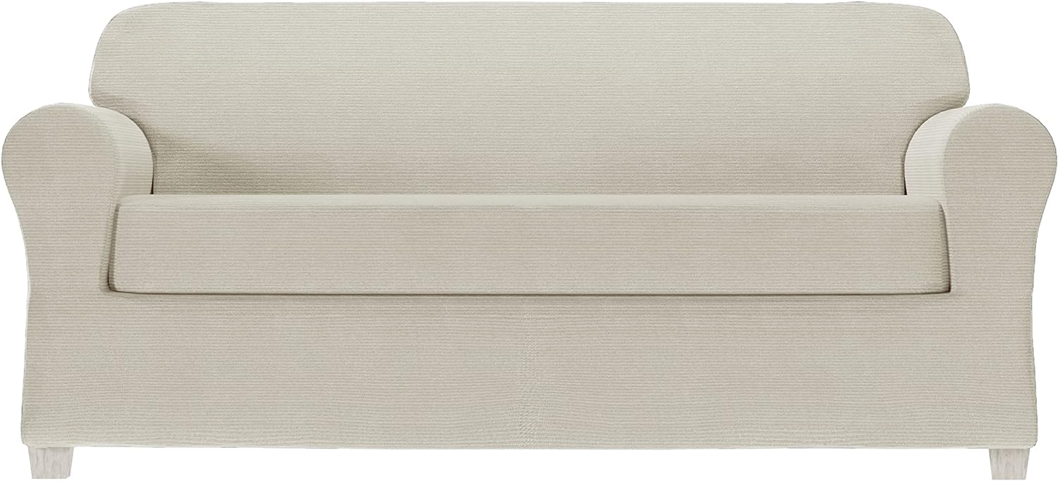 Zenna Home 2-Piece Chenille Stretch Sofa Slipcover, Ivory/Bone