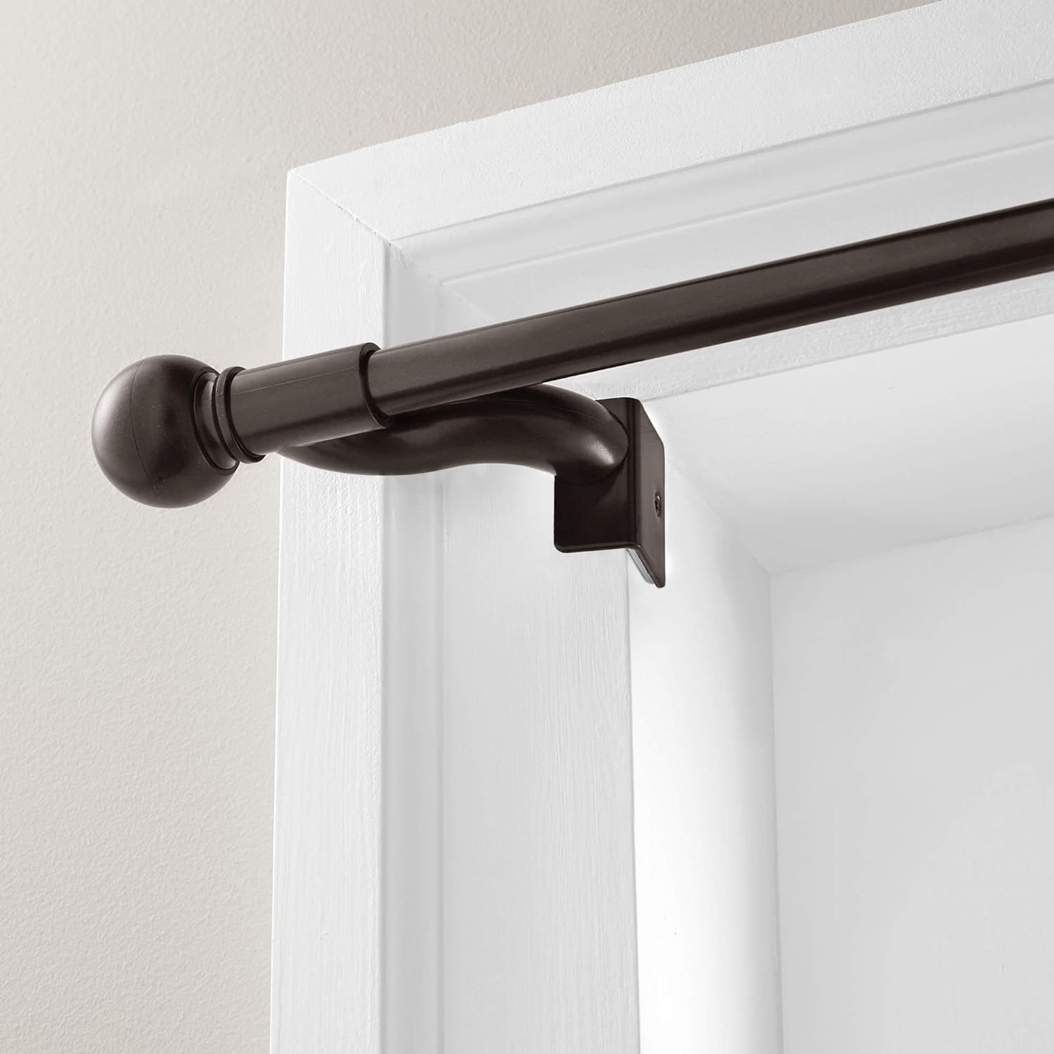 Maytex Window Curtain Rod, Easy Install Twist and Shout Telescoping Tension Rod, Adjustable 48 to 84, No Tools Needed, with Decorative Round Finials, Oil Rubbed Bronze