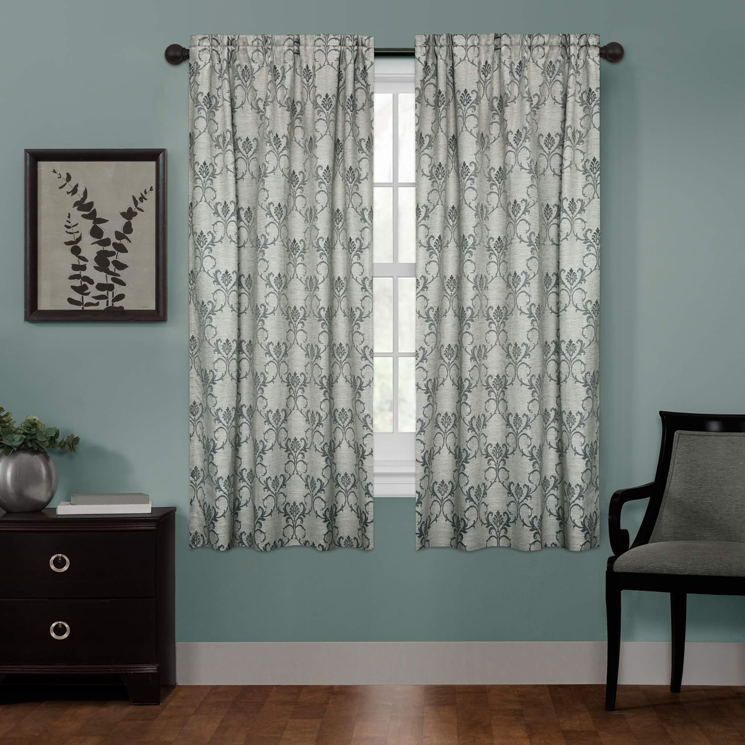 Zenna Home Smart Curtains 100% Blackout Window Curtain, Damask Ultimate Light Blocker (1 Panel), 40 Inches x 63 Inches, Charcoal