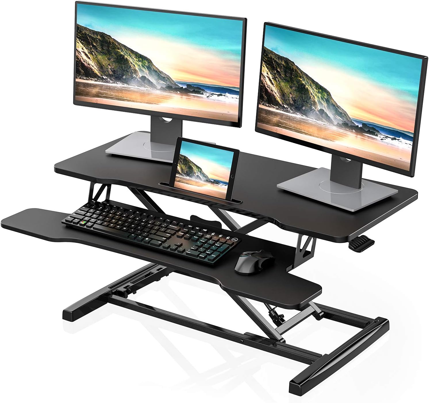 FITUEYES Height Adjustable Standing Desk 36 Wide Sit to Stand Converter Stand Up Desk Tabletop Workstation for Laptops Dual Monitor Riser Black SD309101WB