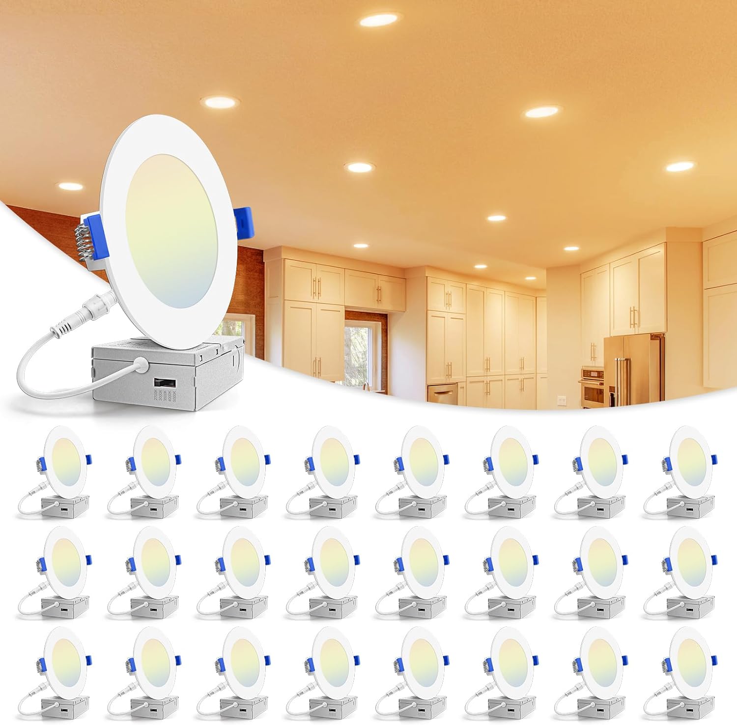 VOLISUN 24 Pack 4 inch Recessed Lighting, 5CCT LED Recessed Light with Junction Box, 2700K-5000K Selectable, 9.5W Eqv 80W, 810LM Dimmable Canless Wafer Downlight, LED Ceiling Light ETL Certificated