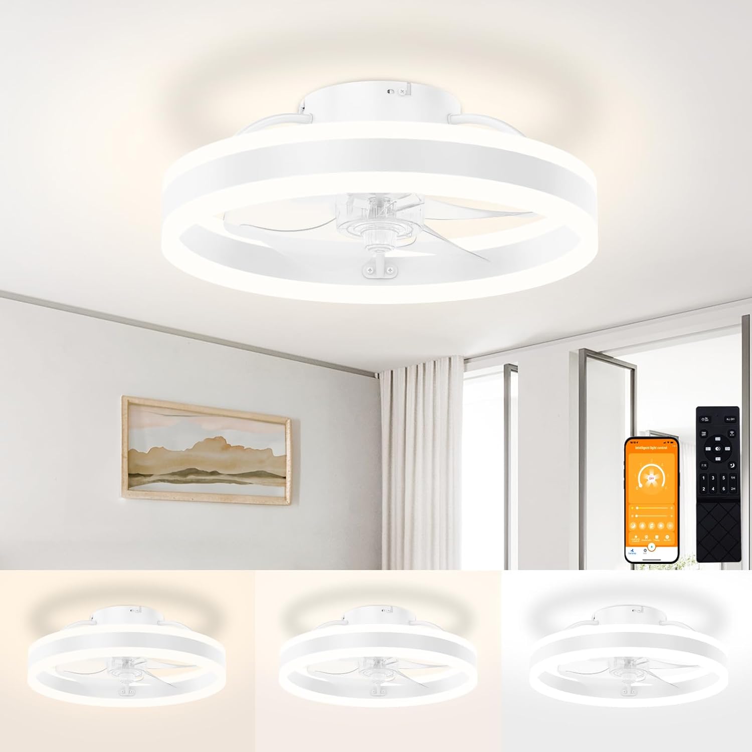 VOLISUN Fandelier Ceiling Fans with Lights and Remote, 15.7in Low Profile Ceiling Fan Flush Mount, 3000K-6500K Dimmable Bladeless LED Fan Light, White Modern Ceiling Fans with Lights for Bedroom