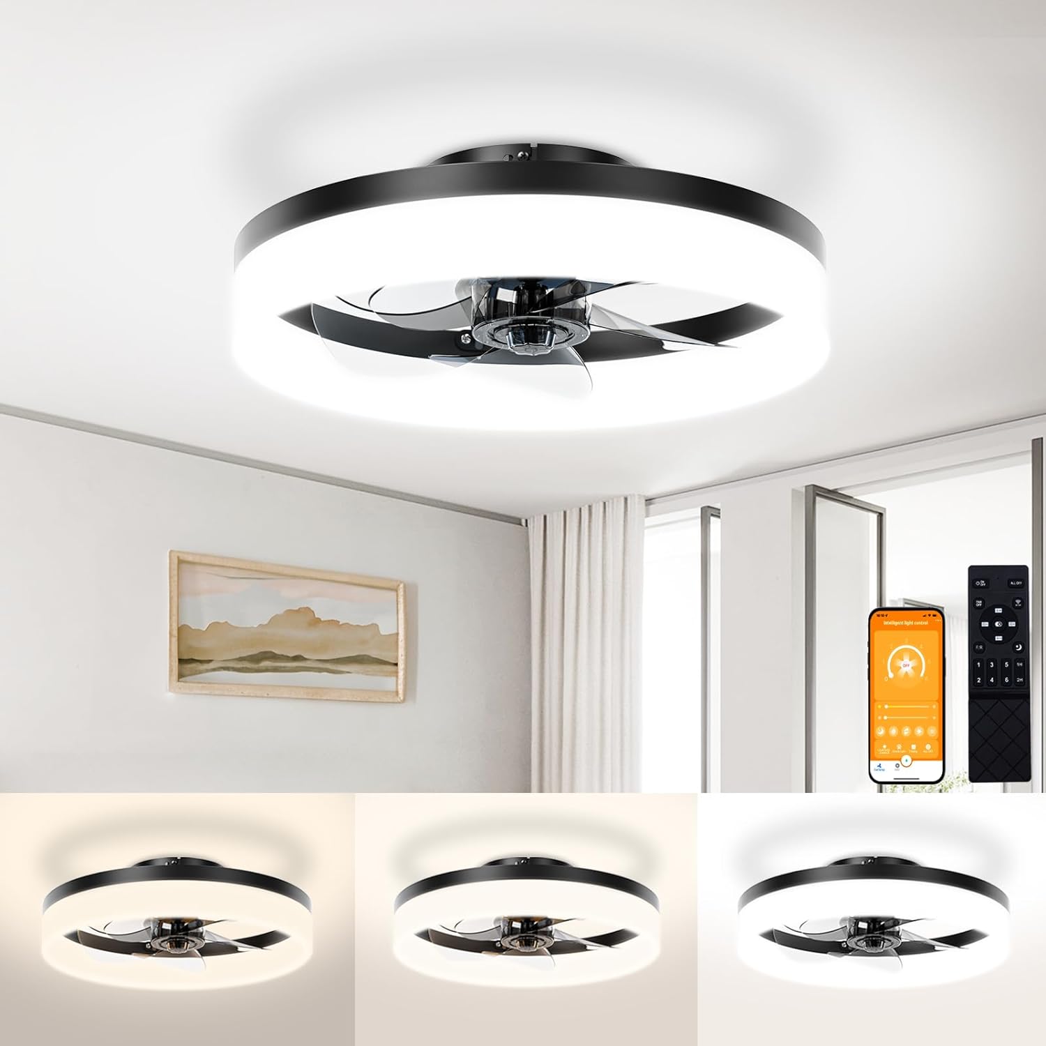 VOLISUN Low Profile Ceiling Fans with Lights and Remote, 15.7in Modern Ceiling Fan Flush Mount,3000K-6500K Dimmable Bladeless LED Fan Light, Black Fandelier Ceiling Fans with Lights for Bedroom