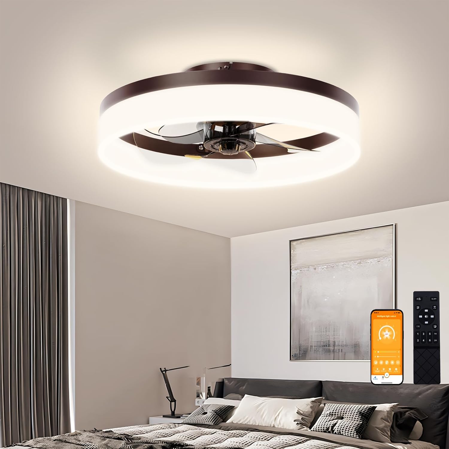 VOLISUN Low Profile Ceiling Fans with Lights and Remote, 15.7in Modern Ceiling Fan Flush Mount, 3000K-6500K Dimmable Bladeless LED Fan Light, Brown Fandelier Ceiling Fans with Lights for Bedroom