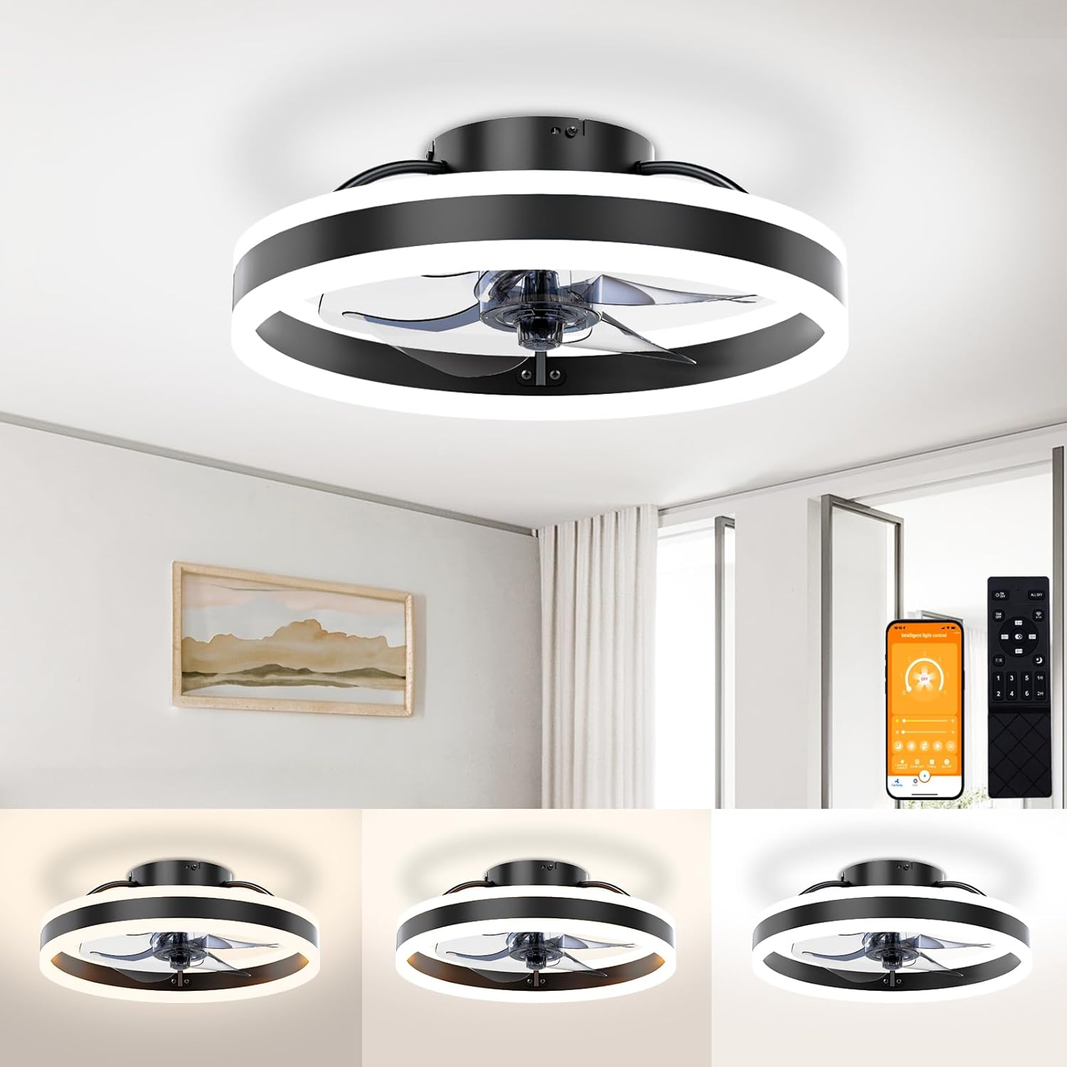 VOLISUN Fandelier Ceiling Fans with Lights and Remote, 15.7in Low Profile Ceiling Fan Flush Mount, 3000K-6500K Dimmable Bladeless LED Fan Light, Black Modern Ceiling Fans with Lights for Bedroom