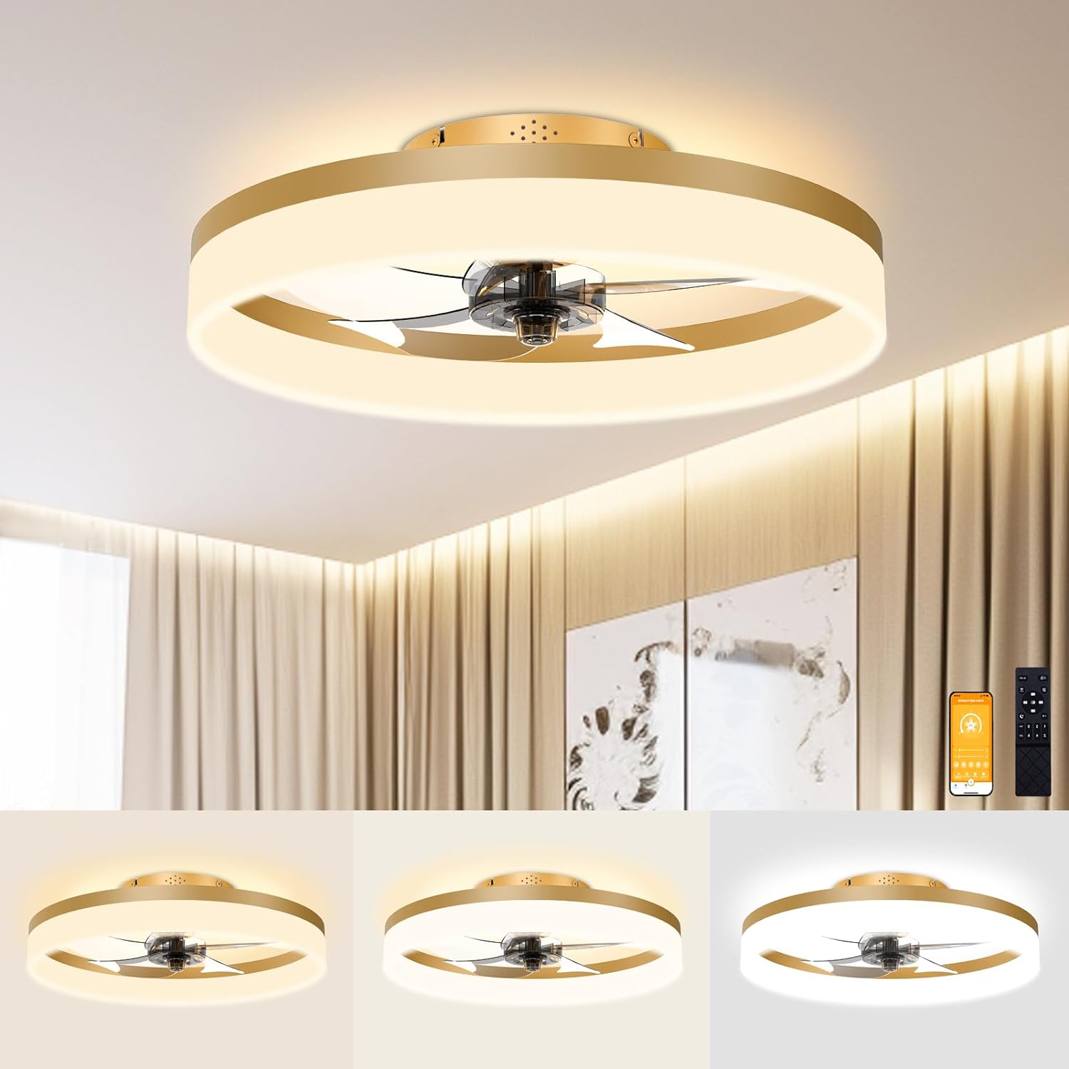 VOLISUN Low Profile Ceiling Fans with Lights and Remote, 19.7in Fandelier Ceiling Fan Flush Mount, 3000K-6500K Smart Bladeless LED Fan Light, Gold Modern Ceiling Fans with Lights for Bedroom