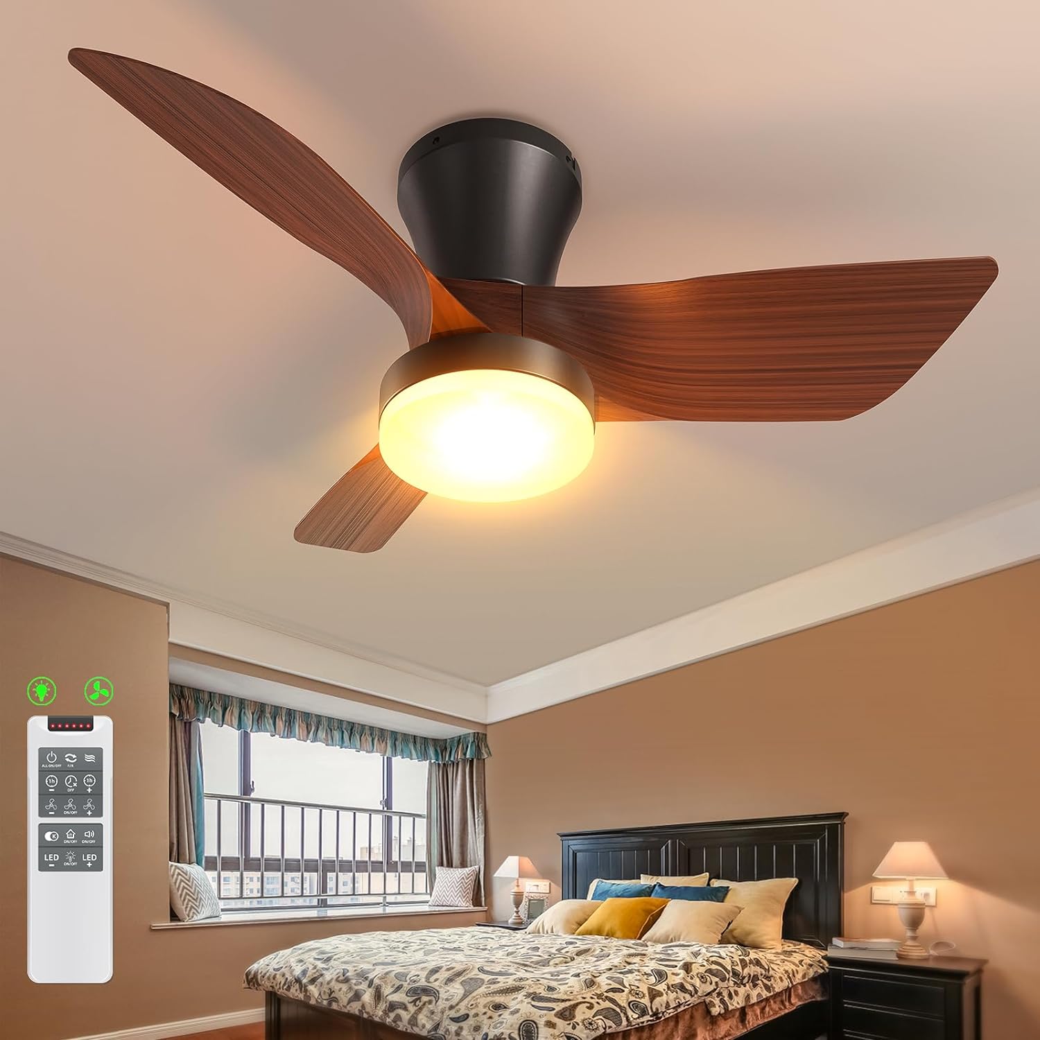 VOLISUN Low Profile Ceiling Fans with Lights, 30in Small Ceiling Fan with Light and Remote, 3CCT Dimmable Flush Mount Ceiling Fan Light, LED Fan Light for Bedroom,Kitchen,Living Room(Wood)