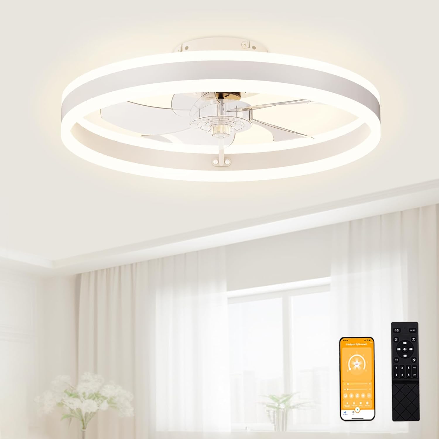 VOLISUN Low Profile Ceiling Fans with Light and Remote, 19.7in Fandelier Ceiling Fan with Light, 3000K-6500K Dimmable Flush Mount LED Fan Light, White Modern Ceiling Fans with Lights for Bedroom