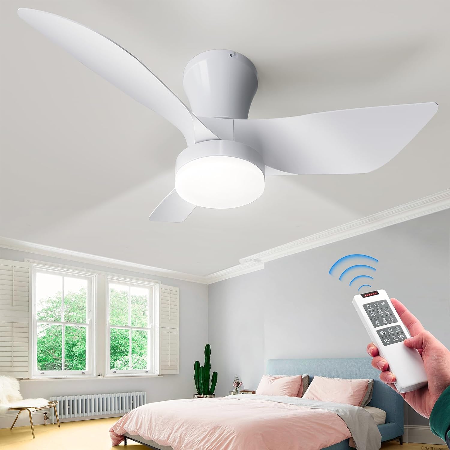 VOLISUN 30in Small Ceiling Fan with Ligh, Low Profile Ceiling Fan with Light and Remote, 3CCT Dimmable LED Flush Mount Ceiling Fan Light, White Modern Ceiling Fan for Bedroom,Kitchen,Living Room