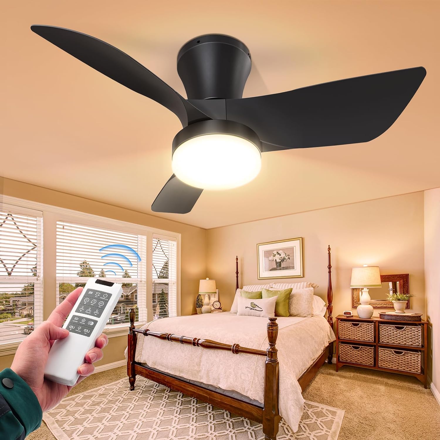 VOLISUN Low Profile Ceiling Fans with Lights, 30in Small Ceiling Fan with Light and Remote, 3CCT Dimmable LED Flush Mount Ceiling Fan Light, Black Modern Ceiling Fan for Bedroom,Kitchen,Outdoor