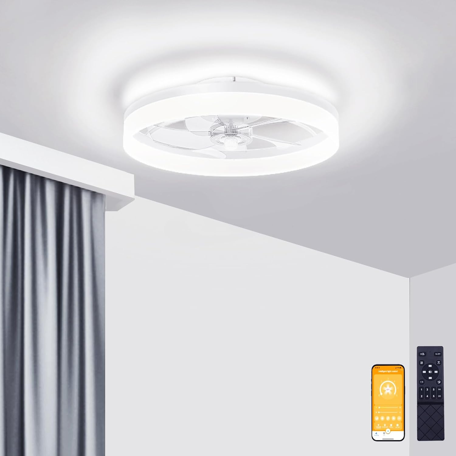 VOLISUN Low Profile Ceiling Fans with Lights and Remote, 19.7in Fandelier Ceiling Fan Flush Mount, 3000K-6500K Smart Bladeless LED Fan Light, White Modern Ceiling Fans with Lights for Bedroom