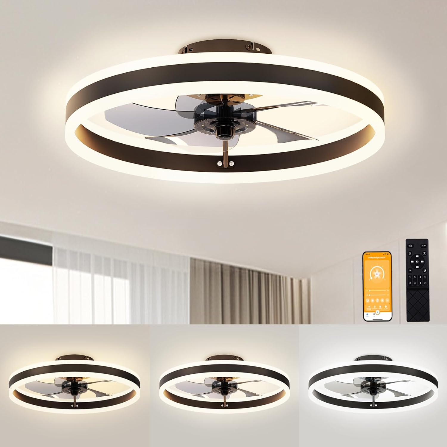 VOLISUN Low Profile Ceiling Fans with Lights and Remote, 19.7in Flush Mount Ceiling Fan Light, 3000K-6500K Dimmable Fandelier LED Fan Light, Black Bladeless Ceiling Fans with Lights for Bedroom