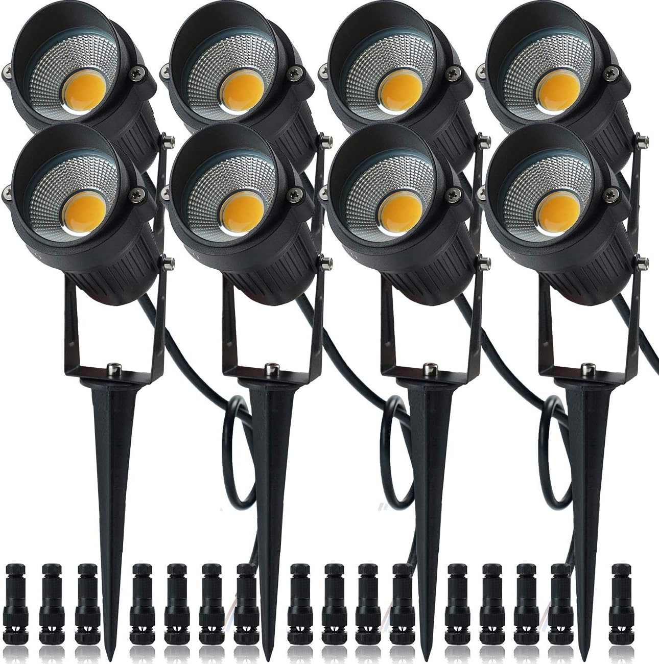 5W Low Voltage LED Landscape Lights,12V/24V AC/DC Landscape Lighting,Outdoor Lawn Tree Flag Spotlights with Spike Stand,IP65 Waterproof Garden Pathway Lights (8 Pack Warm White with Connector)