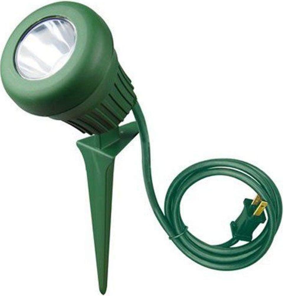 Woods 0434 60-Watt 200 Lumen Light Weather Resistant Heavy Duty Stake Durable Fixture Polarized Plug with 3-Foot Cord Green Finish 2 Ext 60W Floodlight 5 LEDs 2 Extra Lenses 1-Pack