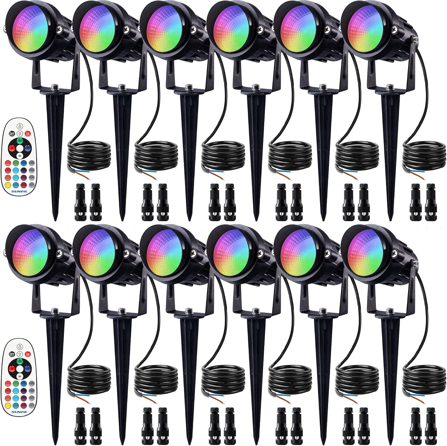 SUNVIE RGB Low Voltage Landscape Lights Color Changing 12W LED Landscape Lighting Outdoor Waterproof Spotlight Remote Control for Garden Pathway Christmas Decorative Lighting, 12 Pack with Connector