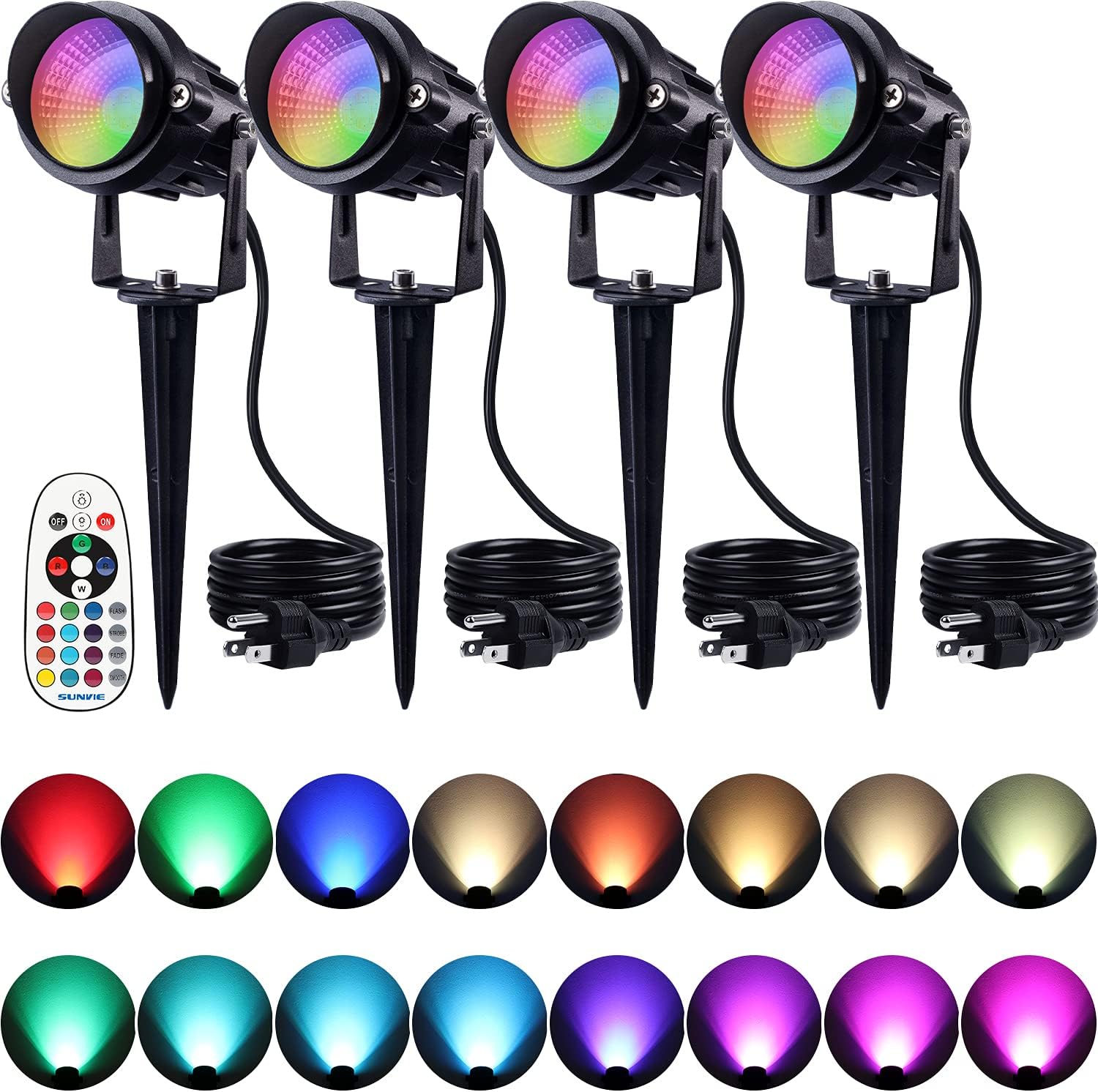 SUNVIE RGB Outdoor LED Spotlight 12W Color Changing Landscape Lights with Remote Control 120V RGB Landscape Lighting Waterproof Spot Lights Outdoor for Yard Garden Patio Lawn Decorative, 4 Pack