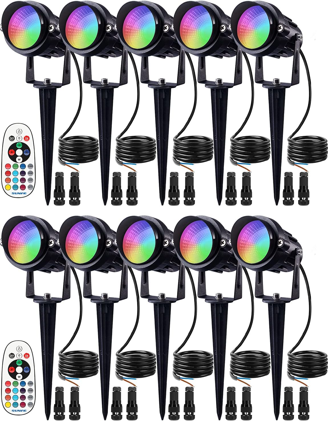 SUNVIE 12W Low Voltage Landscape Lighting RGB Color Changing LED Landscape Lights Remote Control Waterproof Spotlight Garden Patio Spotlight Decorative Lamp for Outdoor Indoor(10 Pack with Connector)