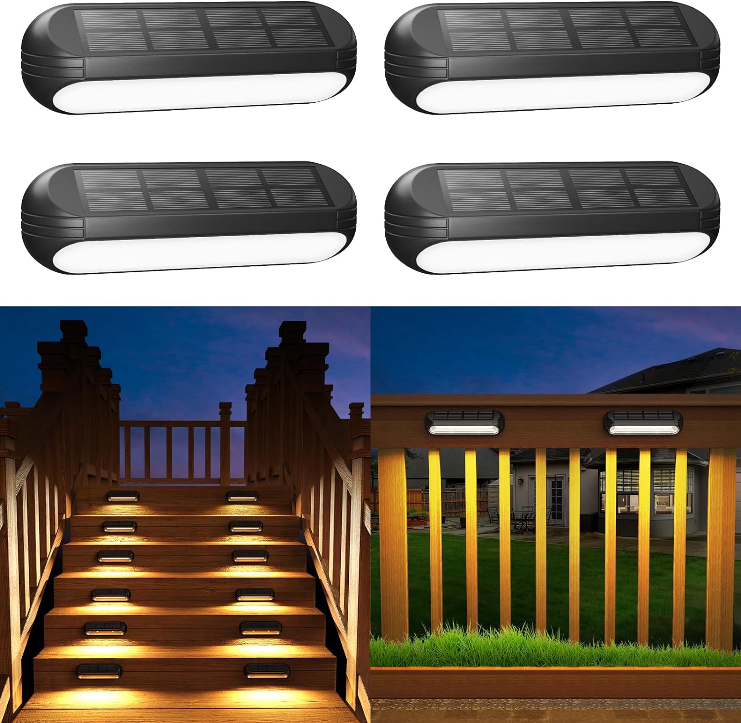 WdtPro Solar Fence Lights Outdoor Waterproof, 4 Pack Bright Solar Deck Lights with Warm White & RGB Modes, LED Solar Step Lights Outdoor for Stairs, Steps, Deck, Fence, Pool, Patio