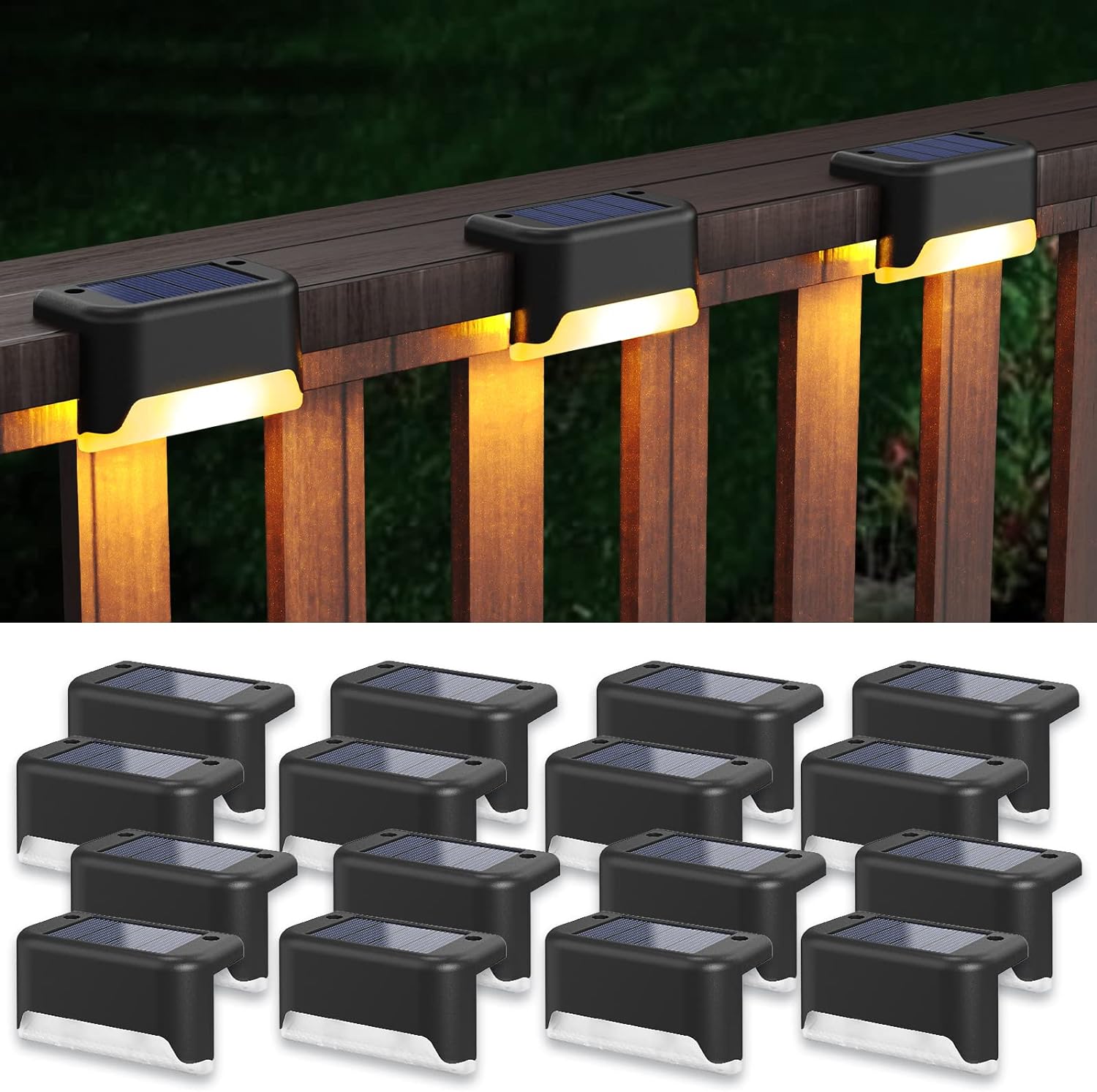 APONUO Solar Step Deck Fence Lights, Solar Step Lights Outdoor Waterproof Led Solar Fence Lamp for Patio, Stairs,Garden Pathway, Step and Fences(Warm White)