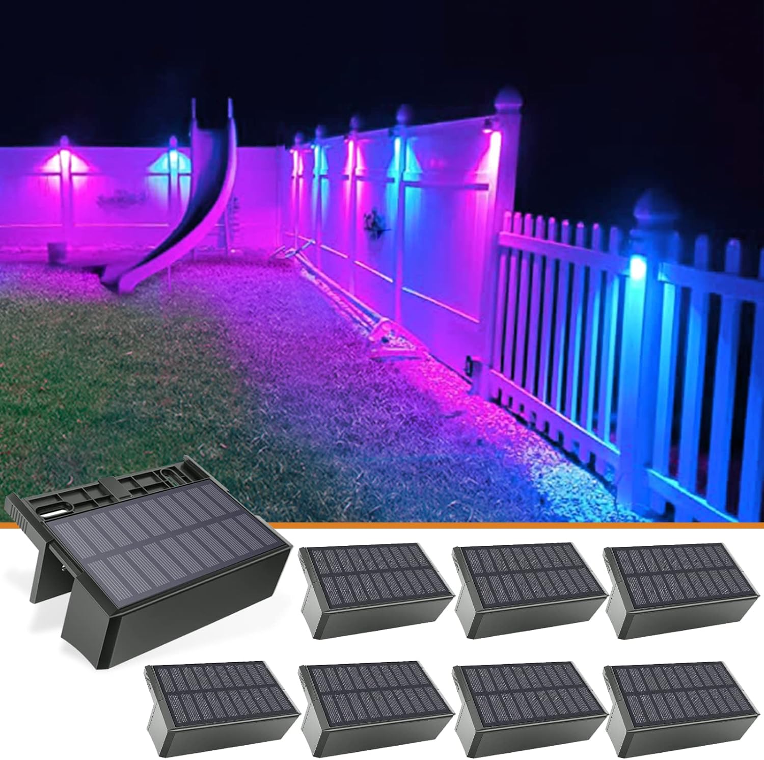 VOLISUN Solar Deck Lights,7 Colors&Warm White Outdoor Fence Lights 8-Pack Waterproof Led Color Glow Solar Lights for Step,Railing,Wall,Stairs (1800mah,Long Lighting Time)