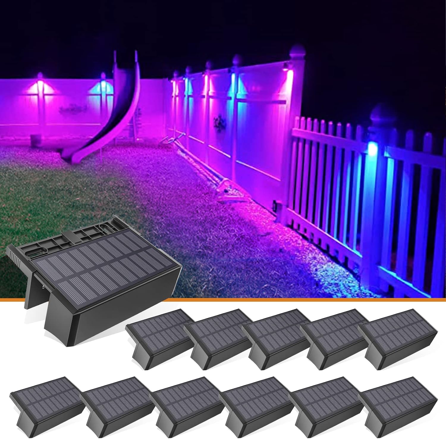 VOLISUN Solar Deck Lights Outdoor Fence Lights,7 Colors&Warm White Outdoor Lights Solar 12-Pack Waterproof Led Color Glow Solar Lights for Step,Fence,Railing,Wall,Stairs (1800mah,Long Lighting Time)