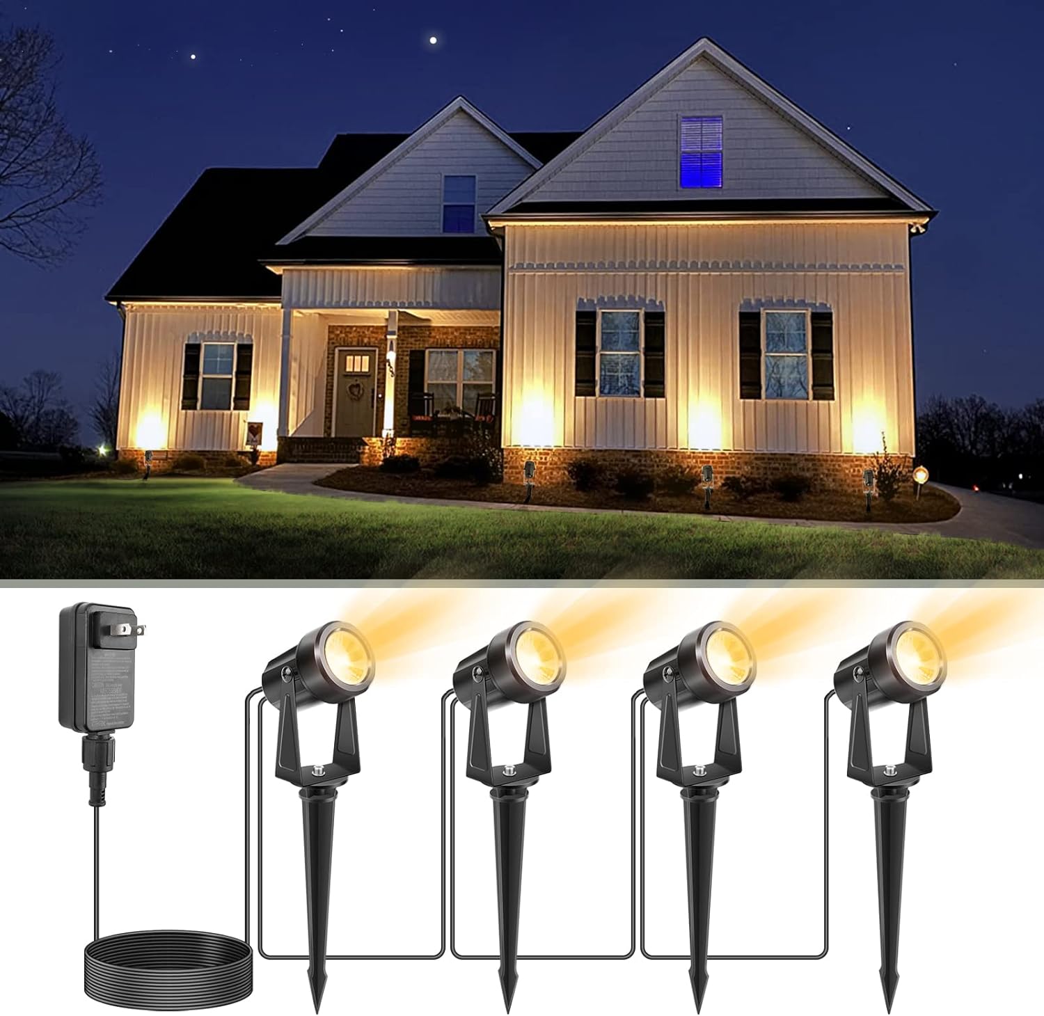 VOLISUN Christmas Outdoor Uplights,Low Voltage Landscape Spotlights with Transformer and 55.82ft Cable,IP65 Waterproof,Outdoor Uplights for House,Fence,Tree,Flags, Backyard (4 Packs, Warm White)