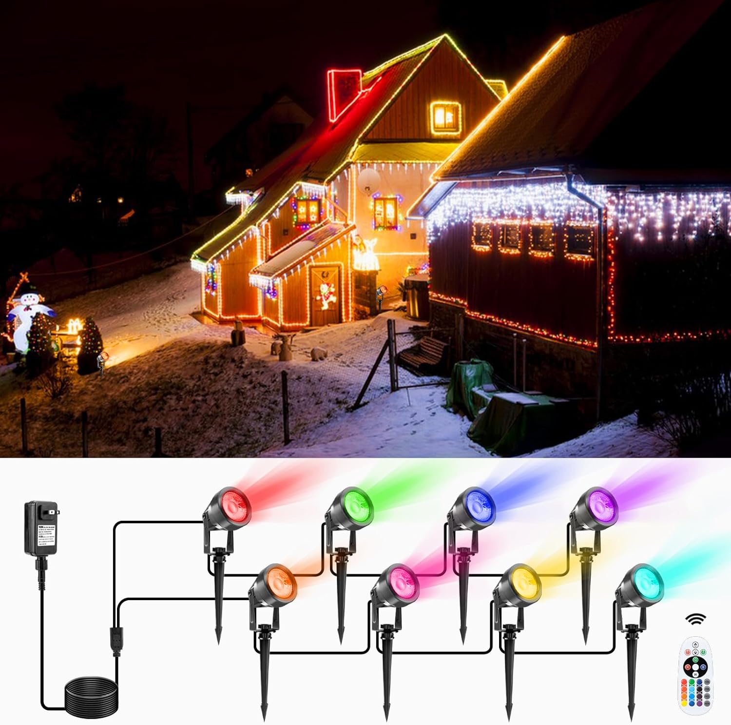 VOLISUN Christmas Landscape Color Changing Spotlights Christmas Outdoor Uplights with Transformer 7 Multicolored Waterproof IP65 for Patio Walkway Pool Garden Yard Driveway(8pack)