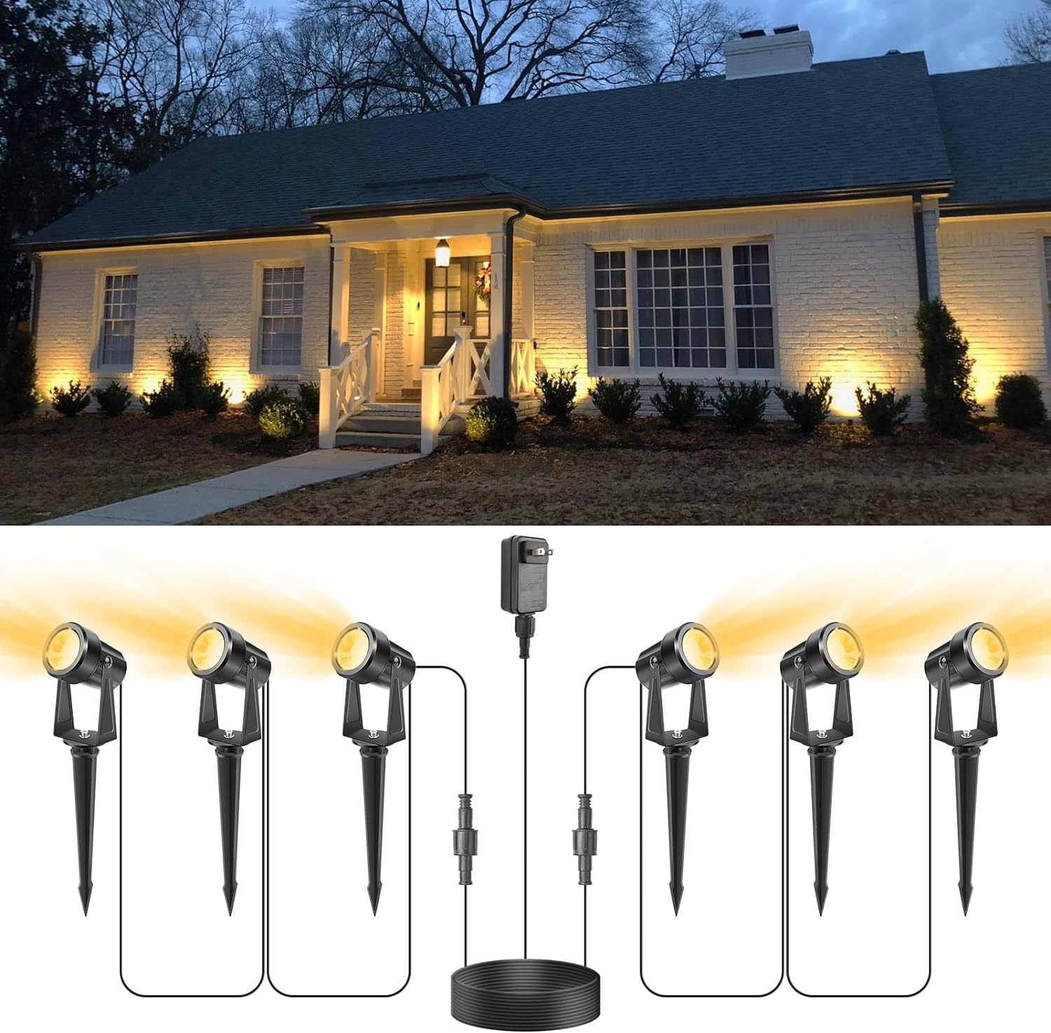 VOLISUN Christmas Outdoor Spotlights,Low Voltage Landscape Lights with Transformer and 75ft Cable,Waterproof Landscape Lighting spot Lights for House,Fence,Tree, Flags(6 Packs,Warm White)