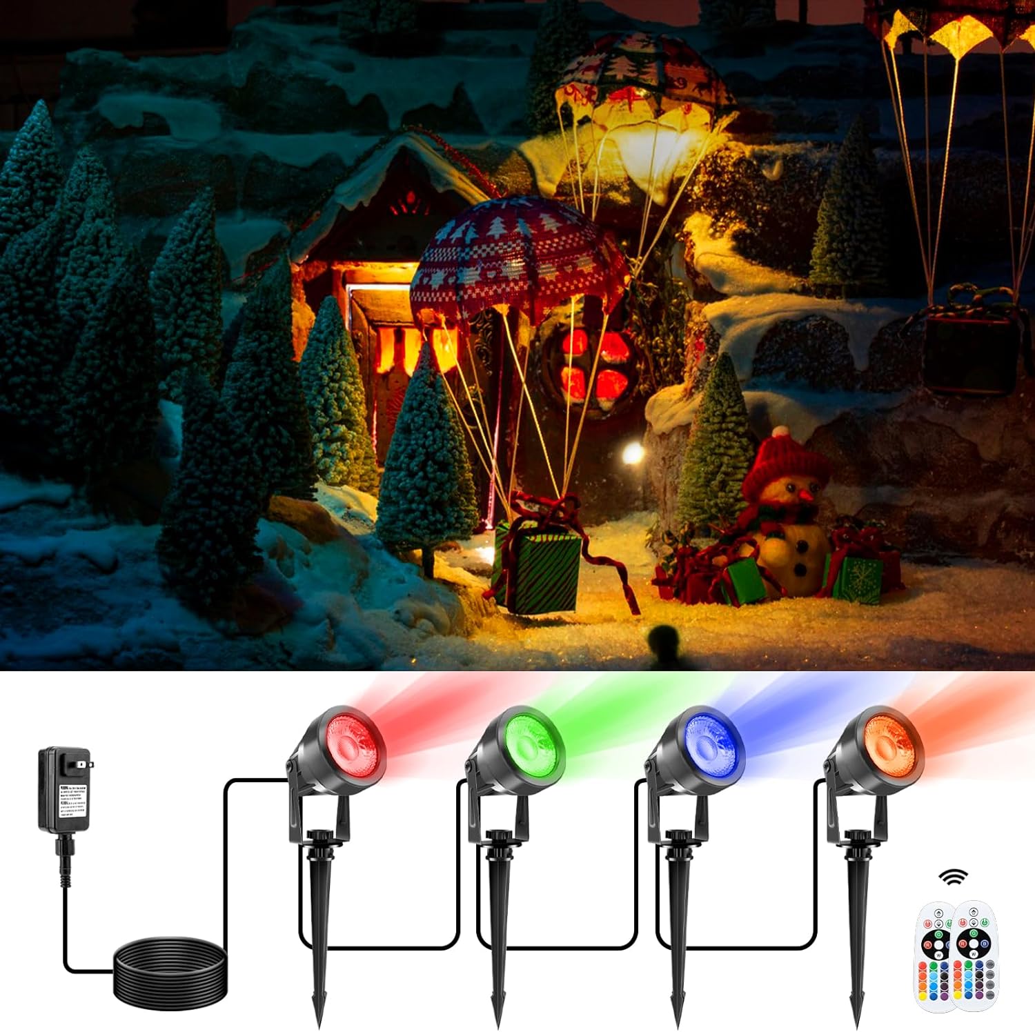 VOLISUN Christmas Landscape Color Changing Spotlights Christmas Outdoor Uplights with Transformer 7 Multicolored Waterproof IP65 for Patio Walkway Pool Garden Yard Driveway(4pack)