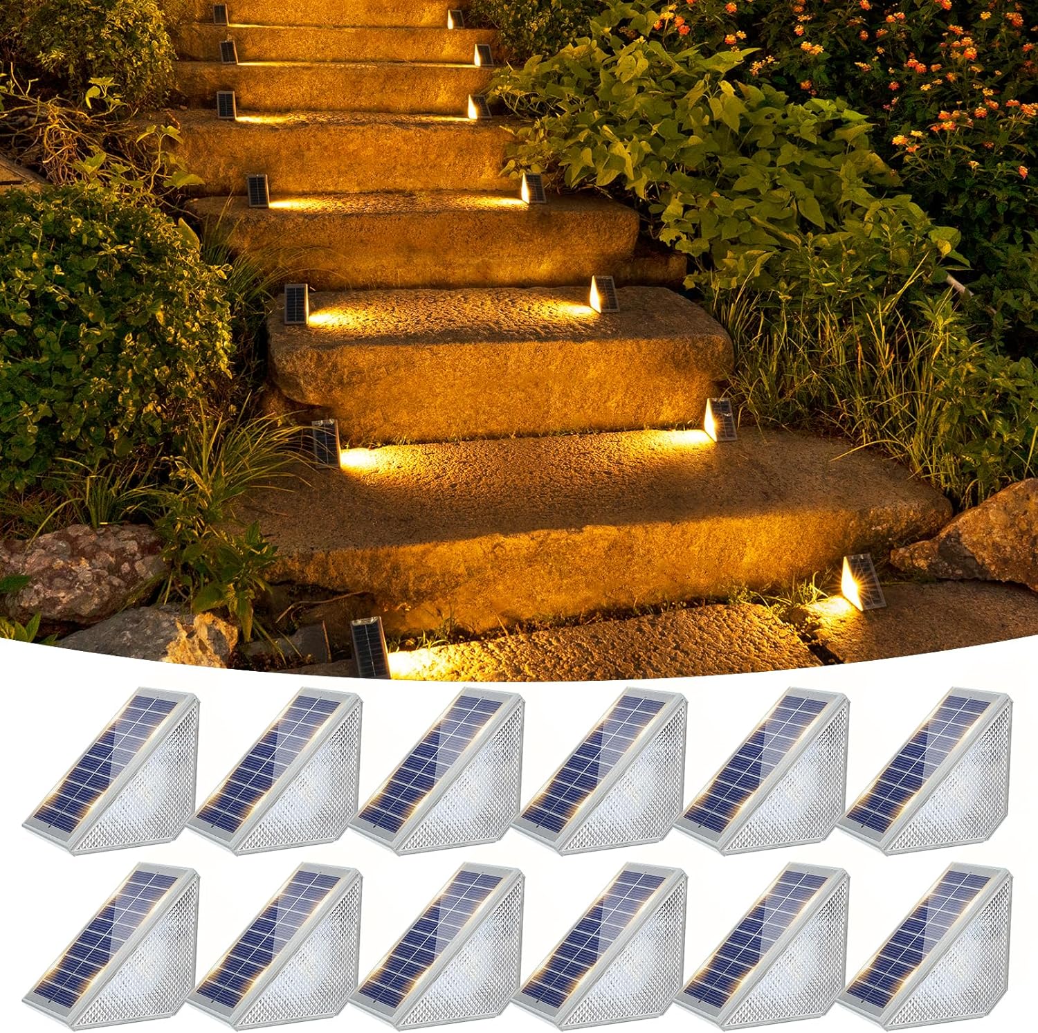 VOLISUN Solar Step Lights 12 Pack, Warm White & 7 Fixed Colors, Outdoor Stair Light Waterproof IP67, LED Outdoor Step Lights, Solar Deck Lights Decor for Stair, Front Step, Porch and Patio