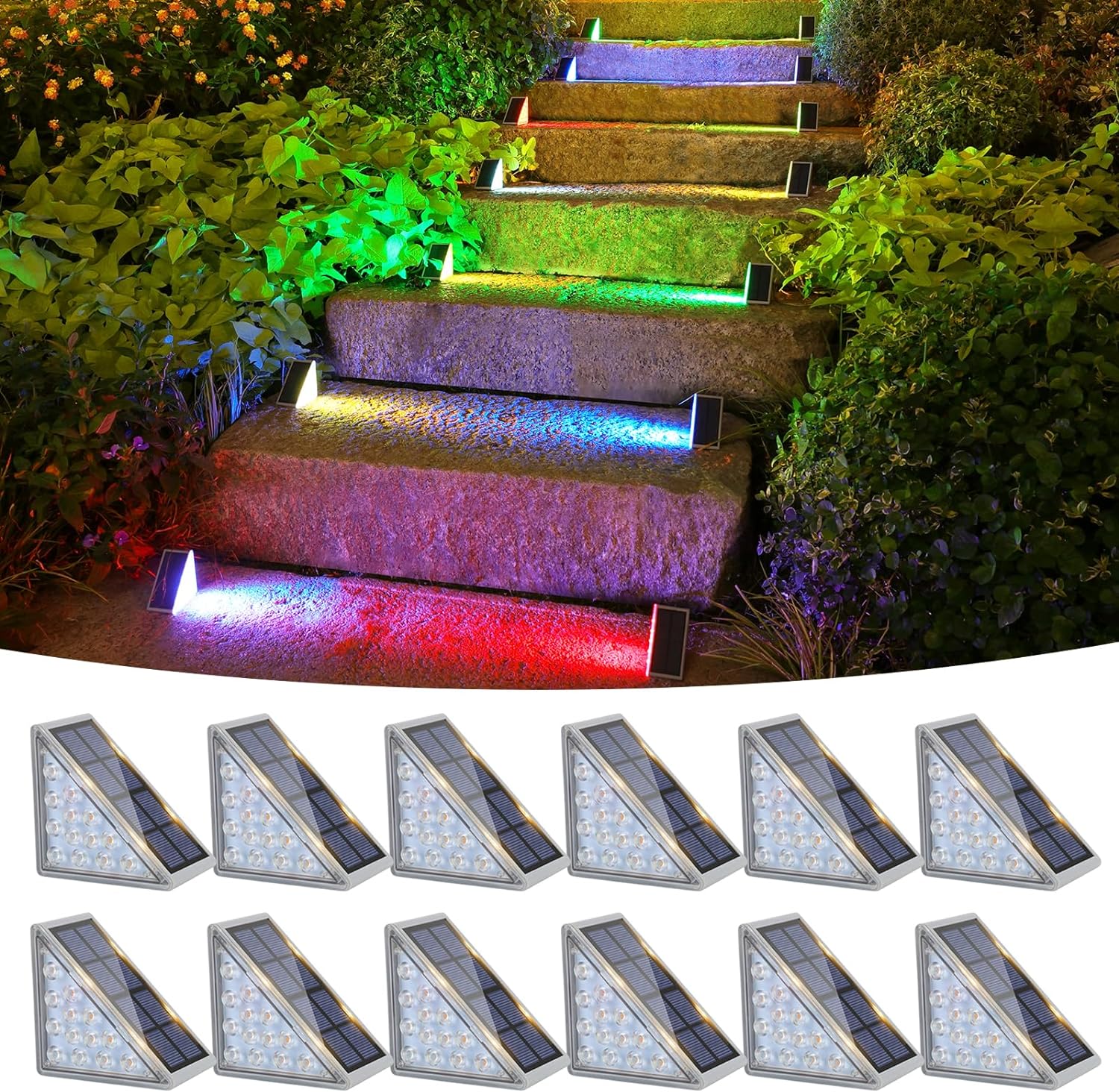 VOLISUN Solar Stair Lights 12 Pack, 7 Fixed Colors, Solar Step Lights Outdoor Waterproof IP67, LED Outdoor Step Lights, Solar Deck Lights Outdoor Decor for Garden Stair, Front Step, Porch and Patio