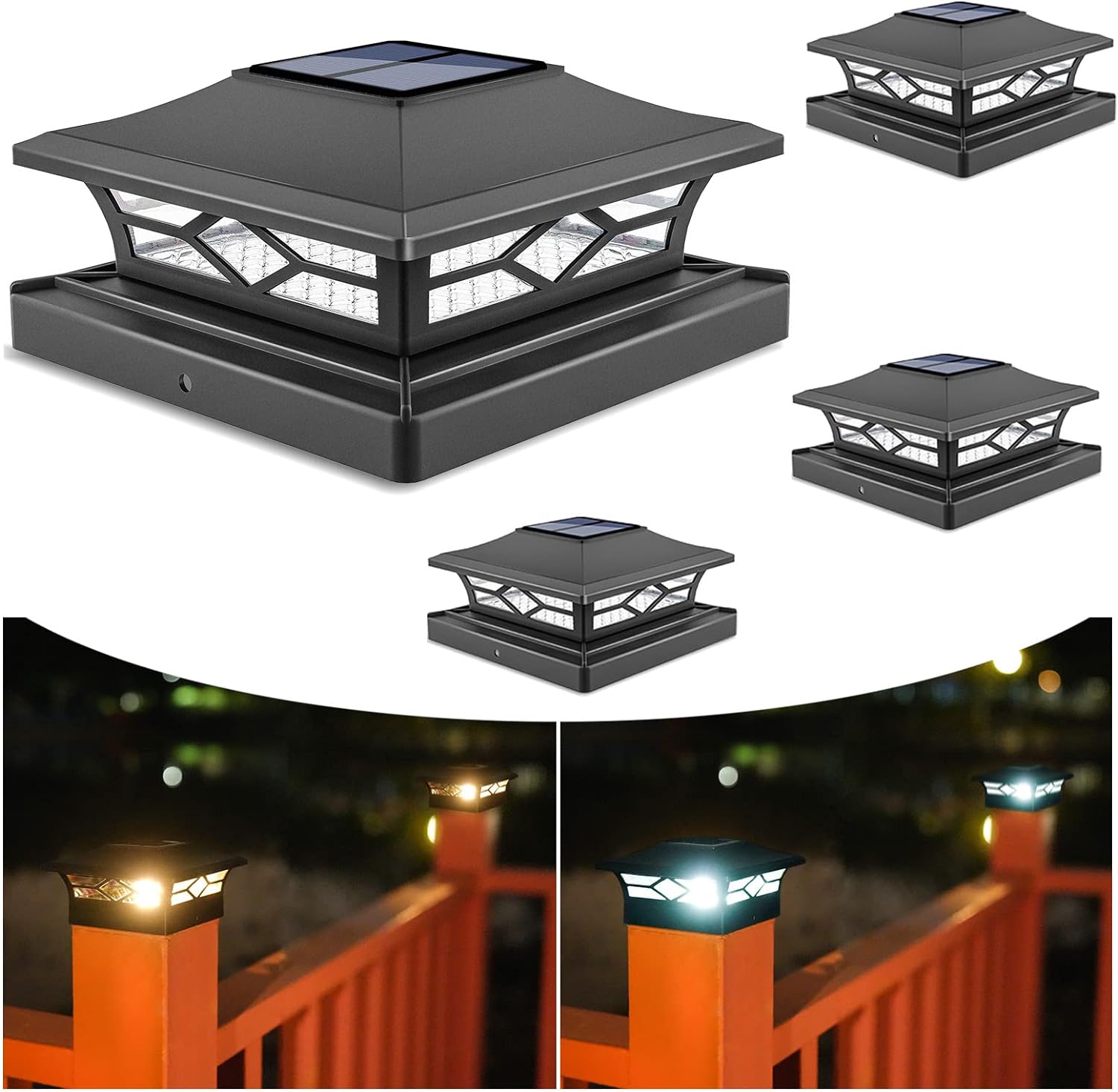 VOLISUN Solar Post Cap Lights: 4 - Pack Outdoor Post Light for White/Black 4x4 Vinyl Fence Deck - Dock 4x4/6x6 Wooden Post 2 Color Modes Waterproof Warm White