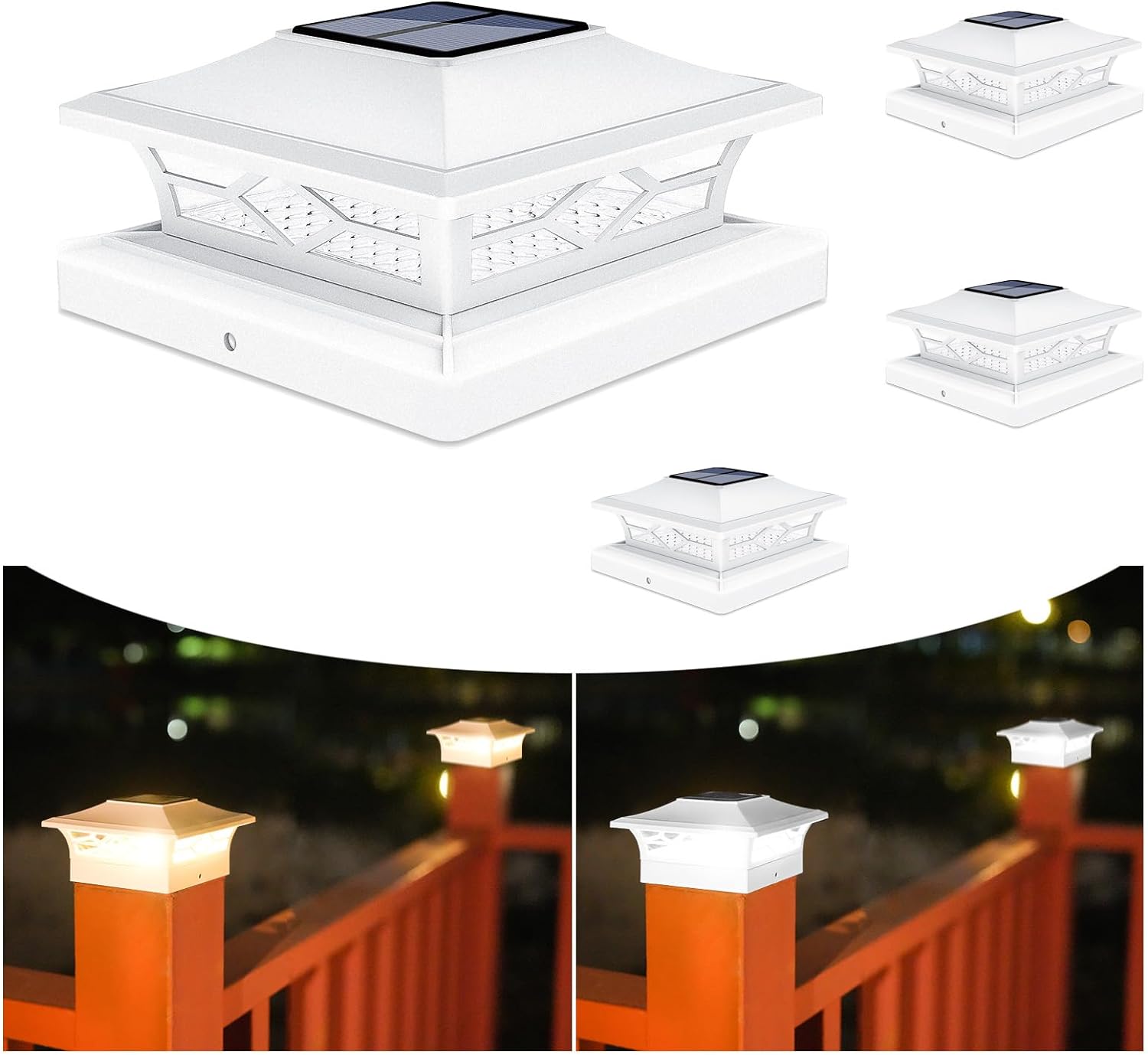 VOLISUN Solar Post Cap Lights: 4 - Pack Outdoor Post Light for White/Black 4x4 Vinyl Fence Deck - Dock 4x4/6x6 Wooden Post 2 Color Modes Waterproof Warm White