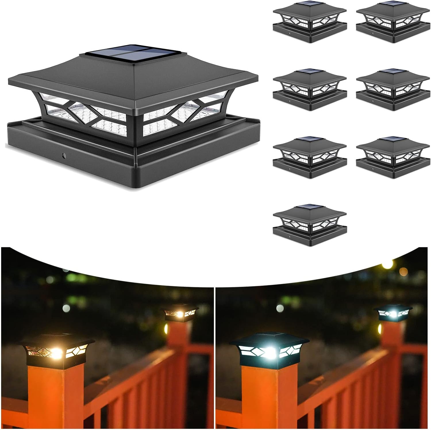 VOLISUN Solar Post Cap Lights: 8 - Pack Outdoor Post Light for White/Black 4x4 Vinyl Fence Deck - Dock 4x4/6x6 Wooden Post 2 Color Modes Waterproof Warm White