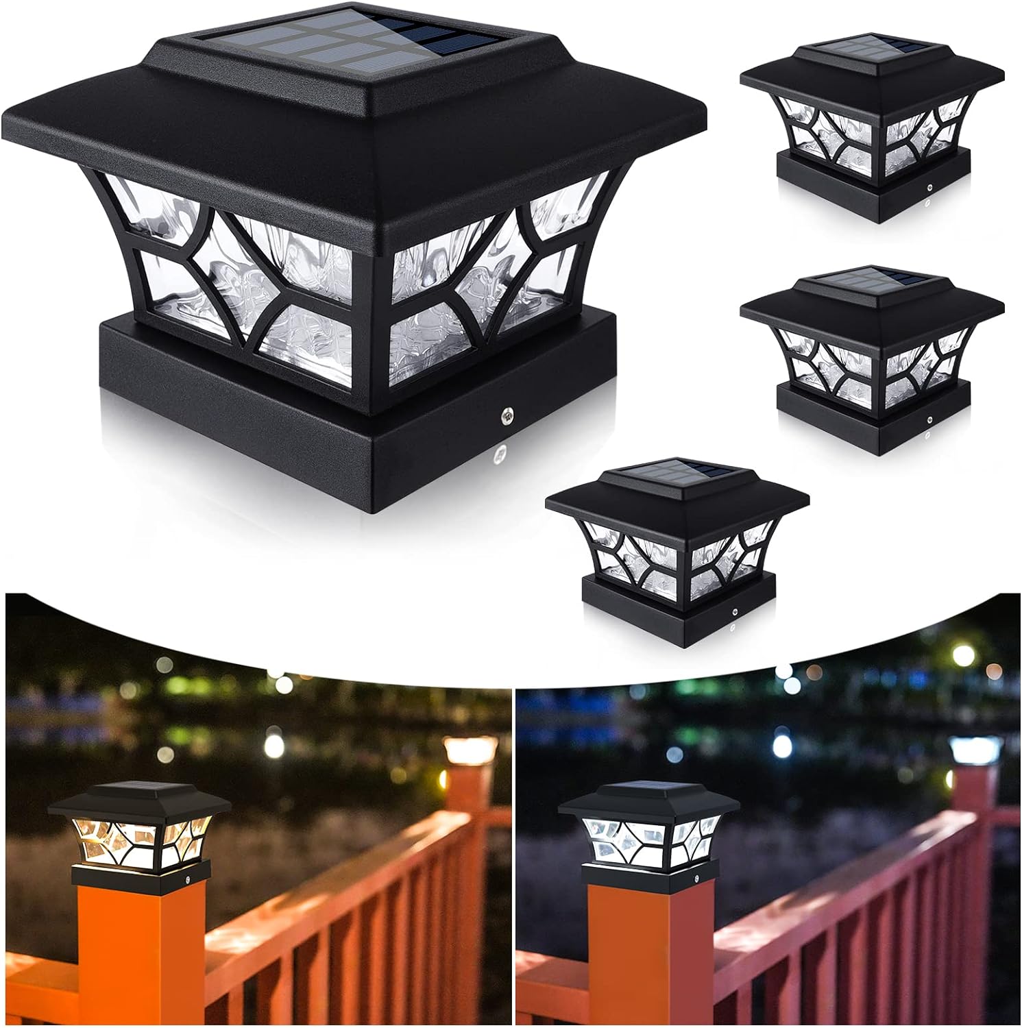 VOLISUN Solar Post Cap Lights Outdoor, Solar Powered Fence Post Cap Lights for 4x4 Vinyl/Wood Post, Black Waterproof Solar Deck Post Lights 4Pack Cool/Warm for Garden Patio Porch...