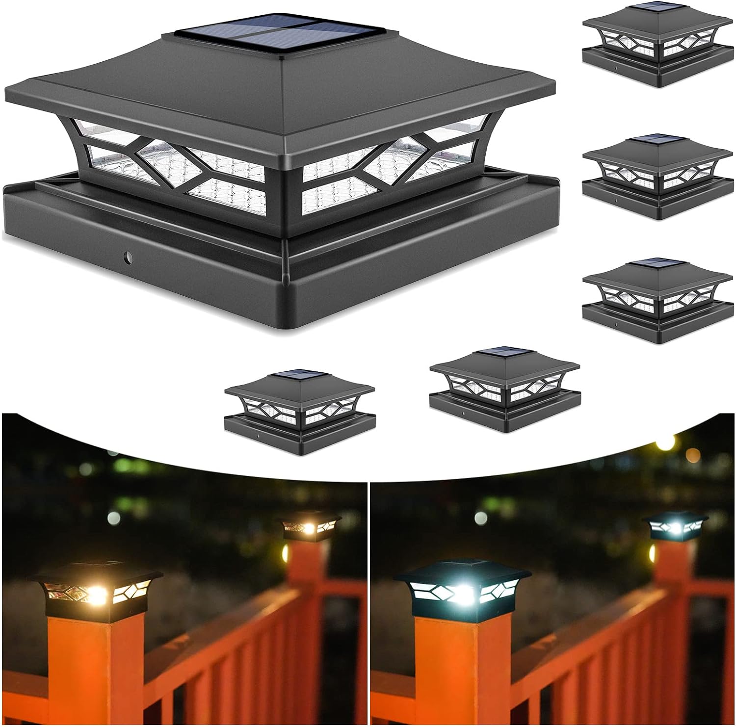 VOLISUN Solar Post Cap Lights: 6 - Pack Outdoor Post Light for White/Black 4x4 Vinyl Fence Deck - Dock 4x4/6x6 Wooden Post 2 Color Modes Waterproof Warm White