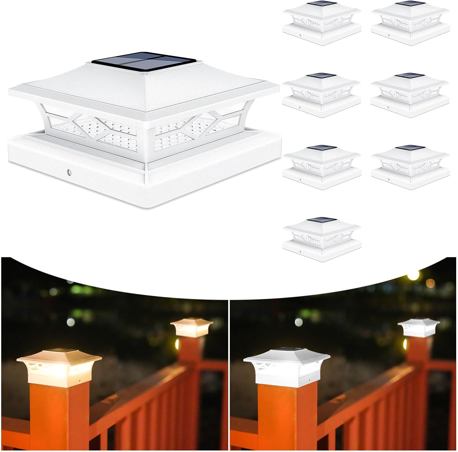 VOLISUN Solar Post Cap Lights: 8 - Pack Outdoor Post Light for White/Black 4x4 Vinyl Fence Deck - Dock 4x4/6x6 Wooden Post 2 Color Modes Waterproof Warm White