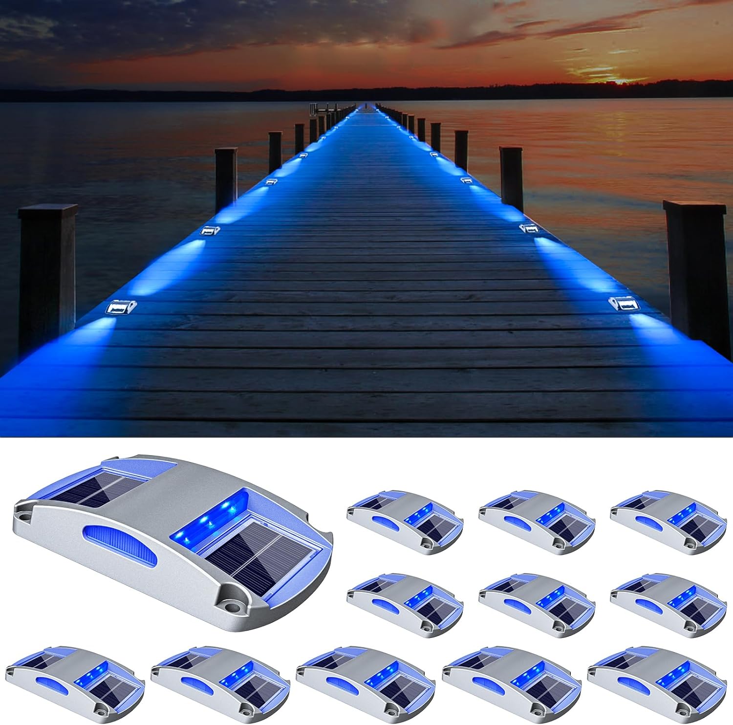 VOLISUN Solar Driveway Lights, 12 Pack, Blue, Waterproof, Solar Powered LED Dock Marine Lights, Outdoor Marker Lights for Step, Sidewalk and Pathway