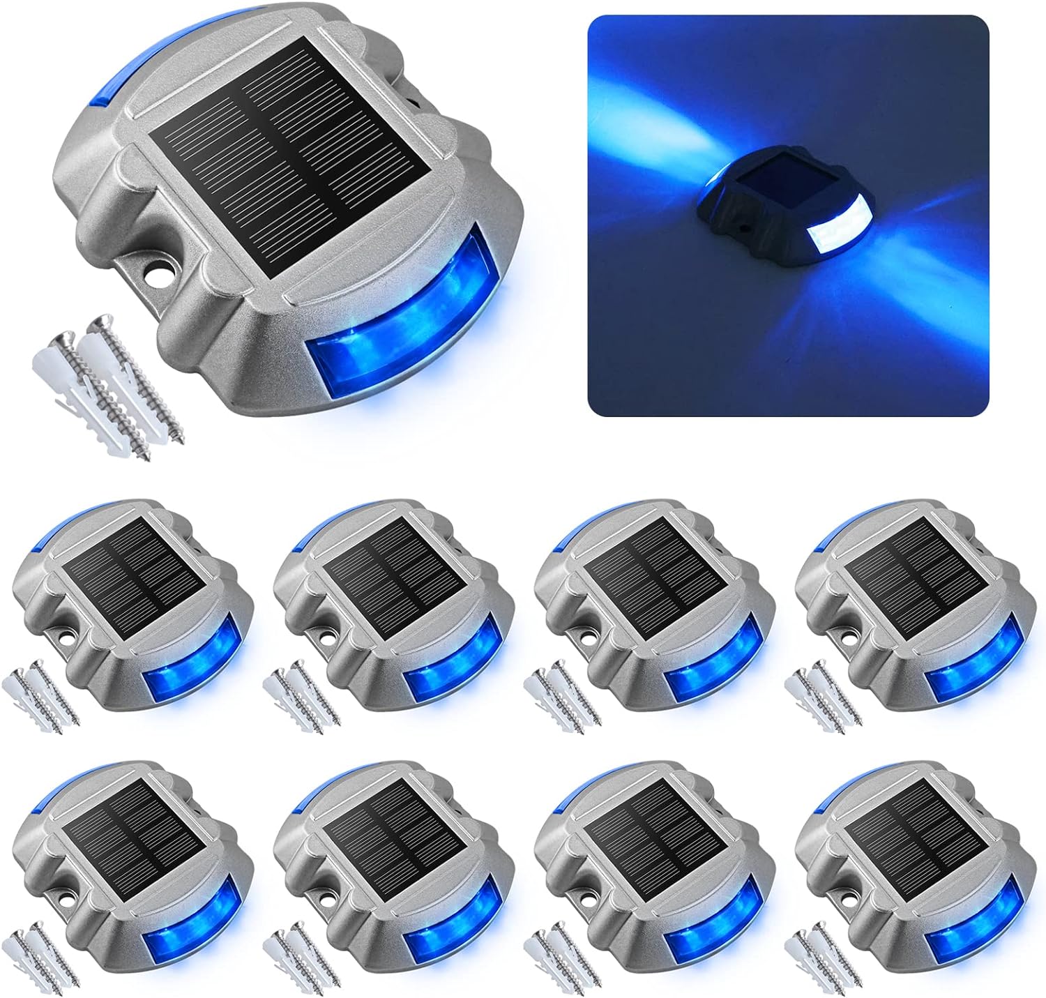 VOLISUN Solar Deck Lights Driveway Dock Lights, 8-Pack Led IP67 Waterproof Outdoor Warning Step Lights for Driveway Sidewalk Garden Pathway Yard (Blue)