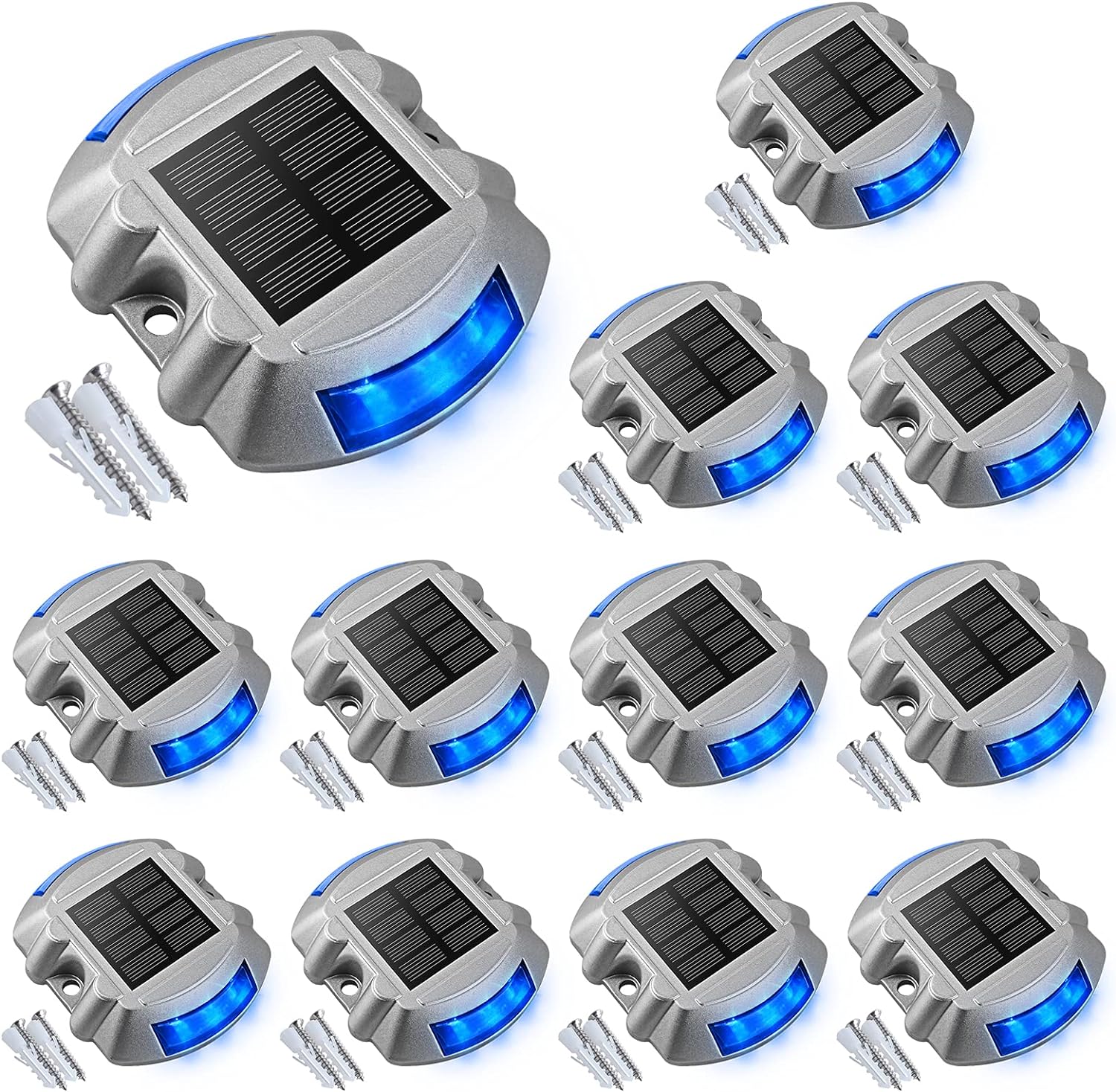 VOLISUN Solar Deck Lights Driveway Dock Lights, 12-Pack Led IP67 Waterproof Outdoor Warning Step Lights for Driveway Sidewalk Garden Pathway Yard (Blue)