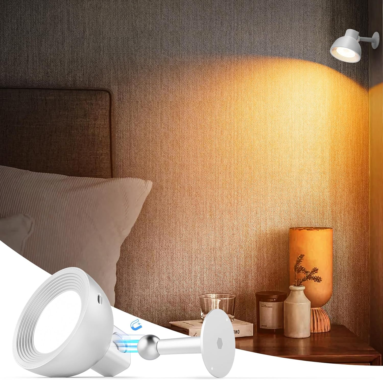 VOLISUN Wall Lights,LED Wall Sconces with 4000mAh Battery,Wall Mounted Lights with 3 Color Temperatures & Brightness,Cordless Magnetic Ball 360Rotation Wall Lamps for Bedroom Bedside,Reading,Picture