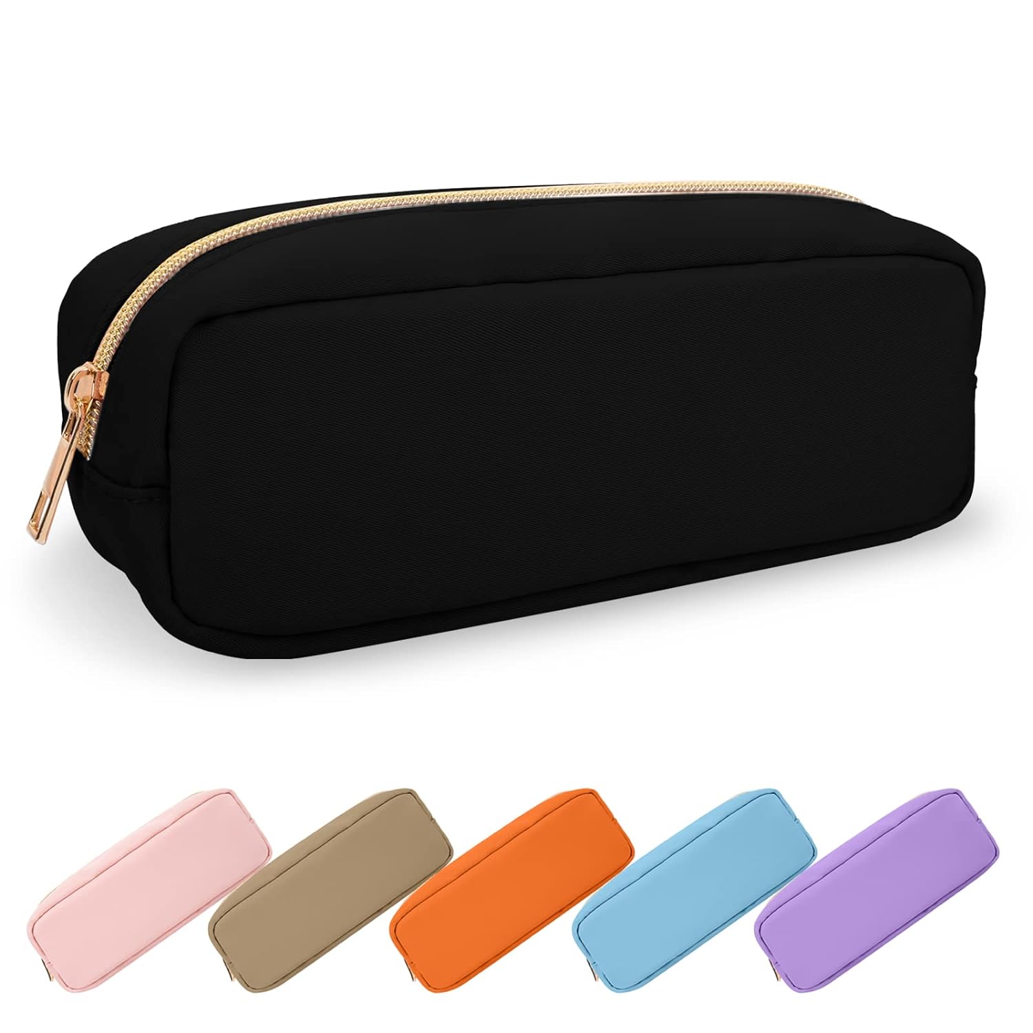 Waterproof Small Pencil Case Makeup Bag for Purse,Cute Pencil Pouch Preppy Nylon Makeup Brush Holder with Zipper,Girls Portable Storage Case Small Pen Bag for Office School College(Slim-Black)