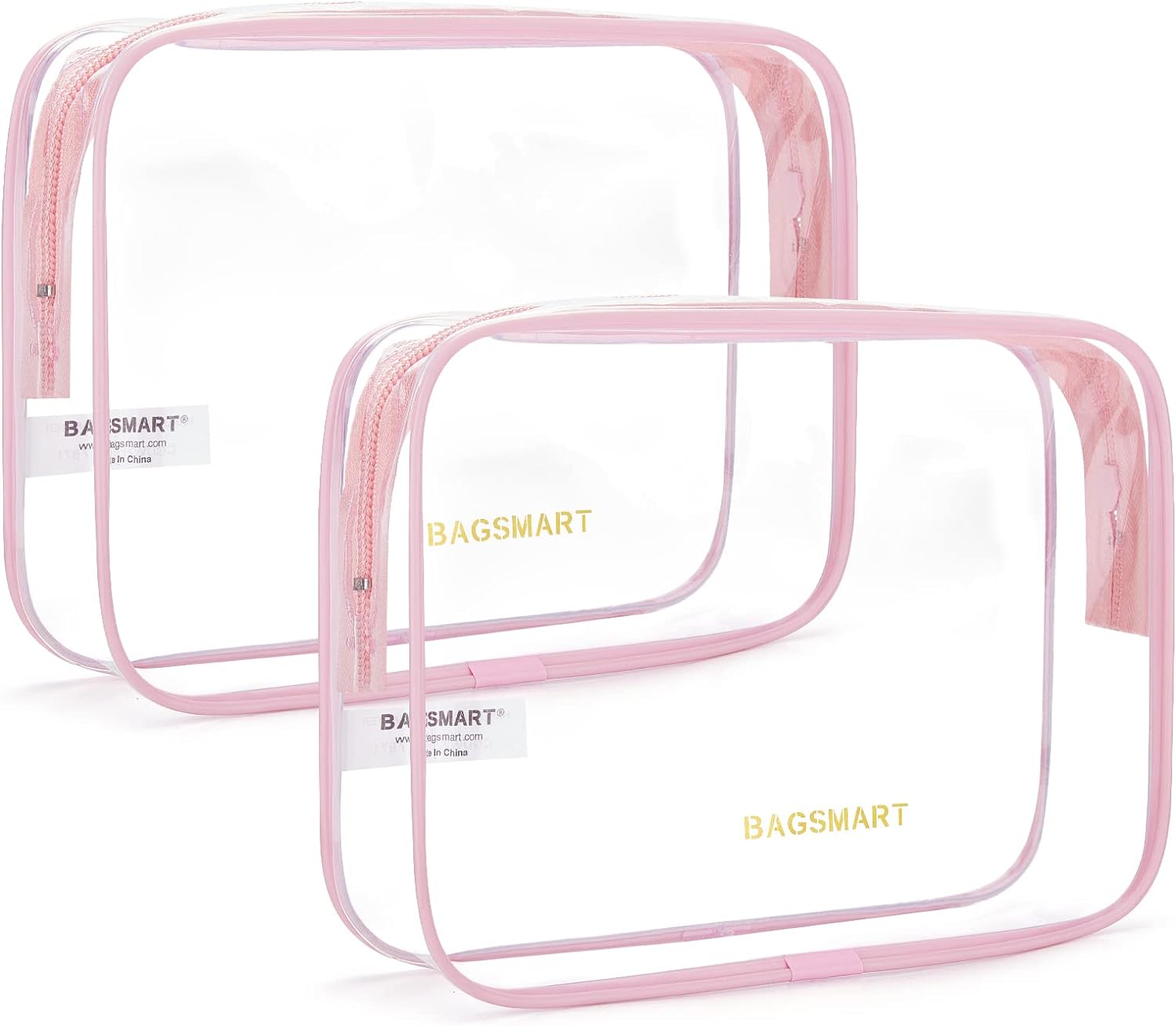 BAGSMART Clear Toiletry Bag, 2 Pack TSA Approved Carry on Travel Accessories Bag Airport Airline Quart Size Bags Water Repellent Makeup Cosmetic Bag for Women (Pink-2pcs)